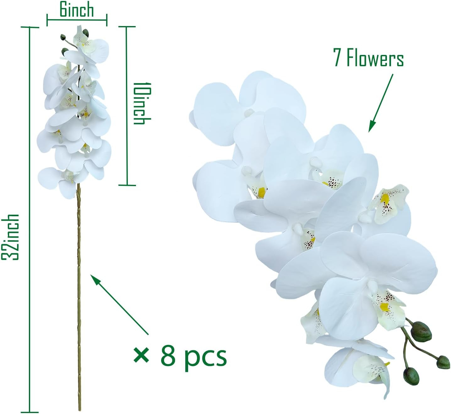 32″ White Artificial Phalaenopsis Orchid Flowers – 8 Pcs for Home Décor
