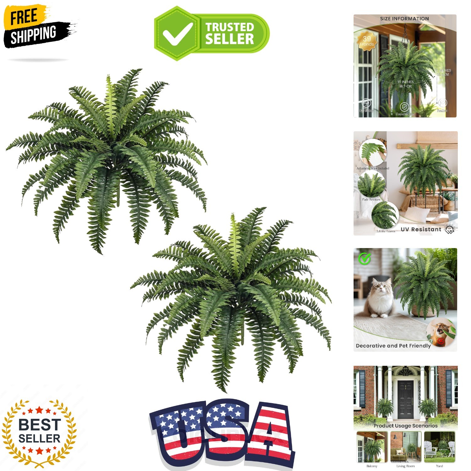 35″ Ferns Artificial Bush Plants Large, 2 Artificial Boston Ferns with 39 Fro…
