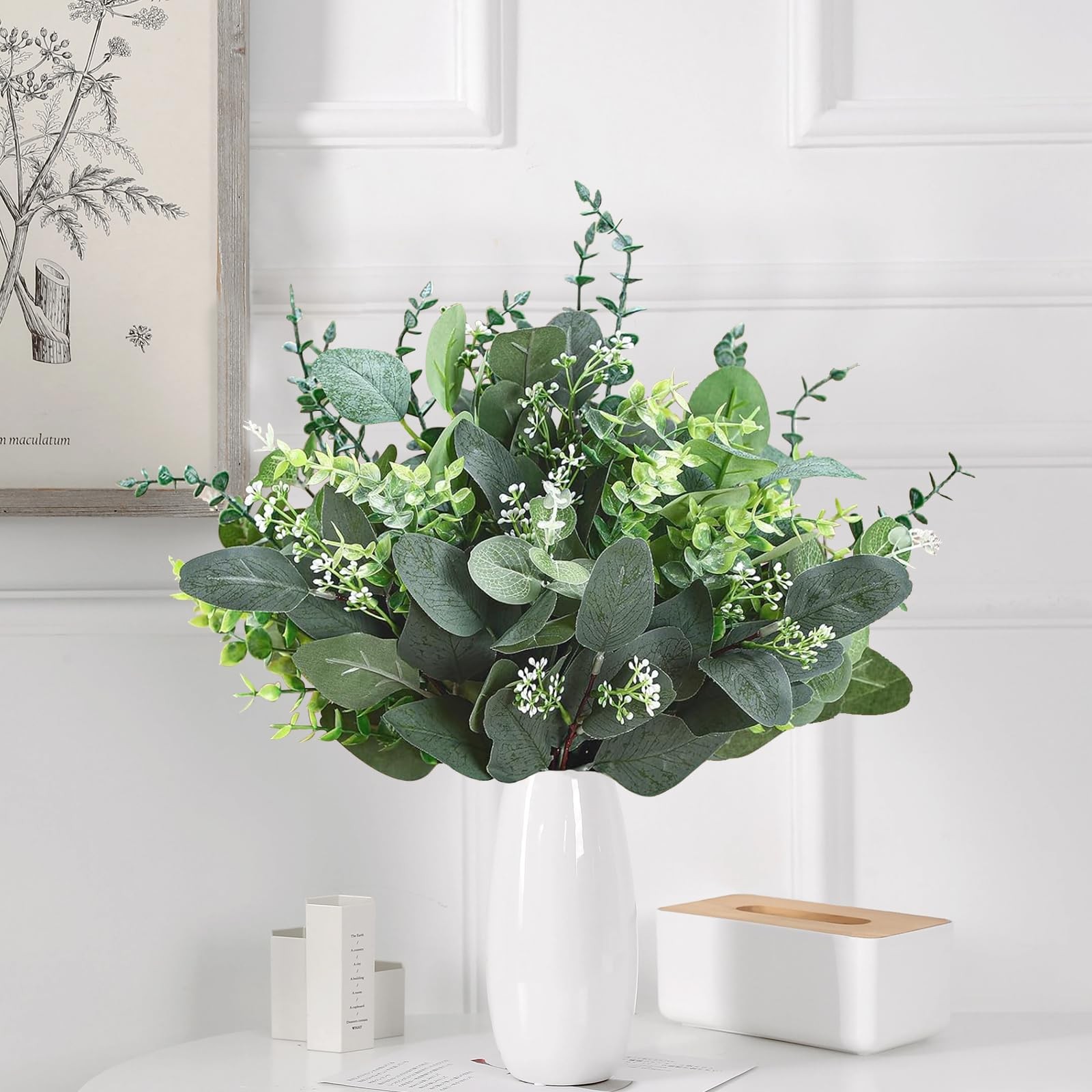 Eucalyptus Leaves Stems 150 PCS, 4 Kinds Mixed Artificial Greenery Stems for