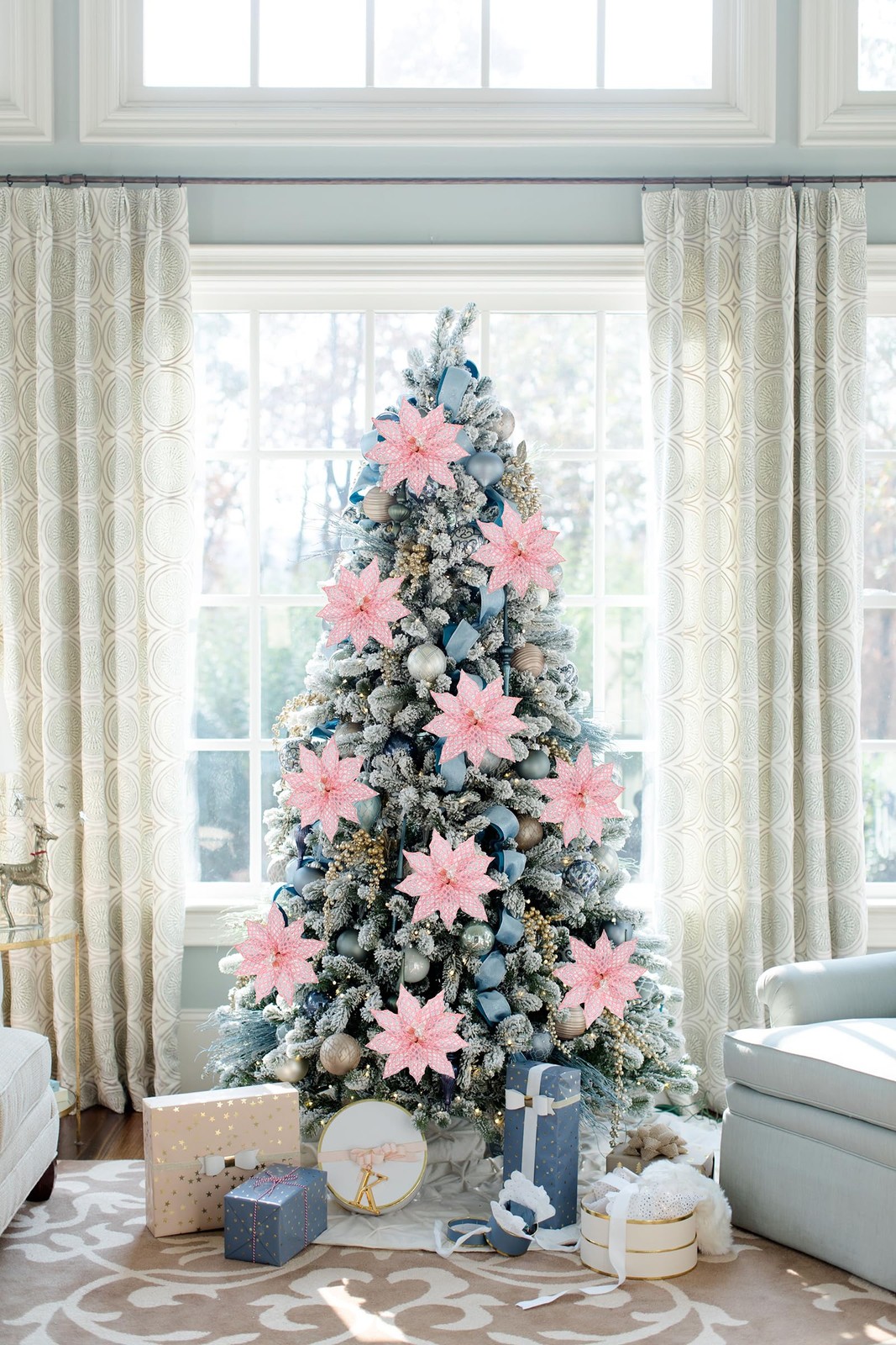 3PCS Poinsettias Artificial Christmas Flowers 22.4in Long Stem Pink Glitter M…