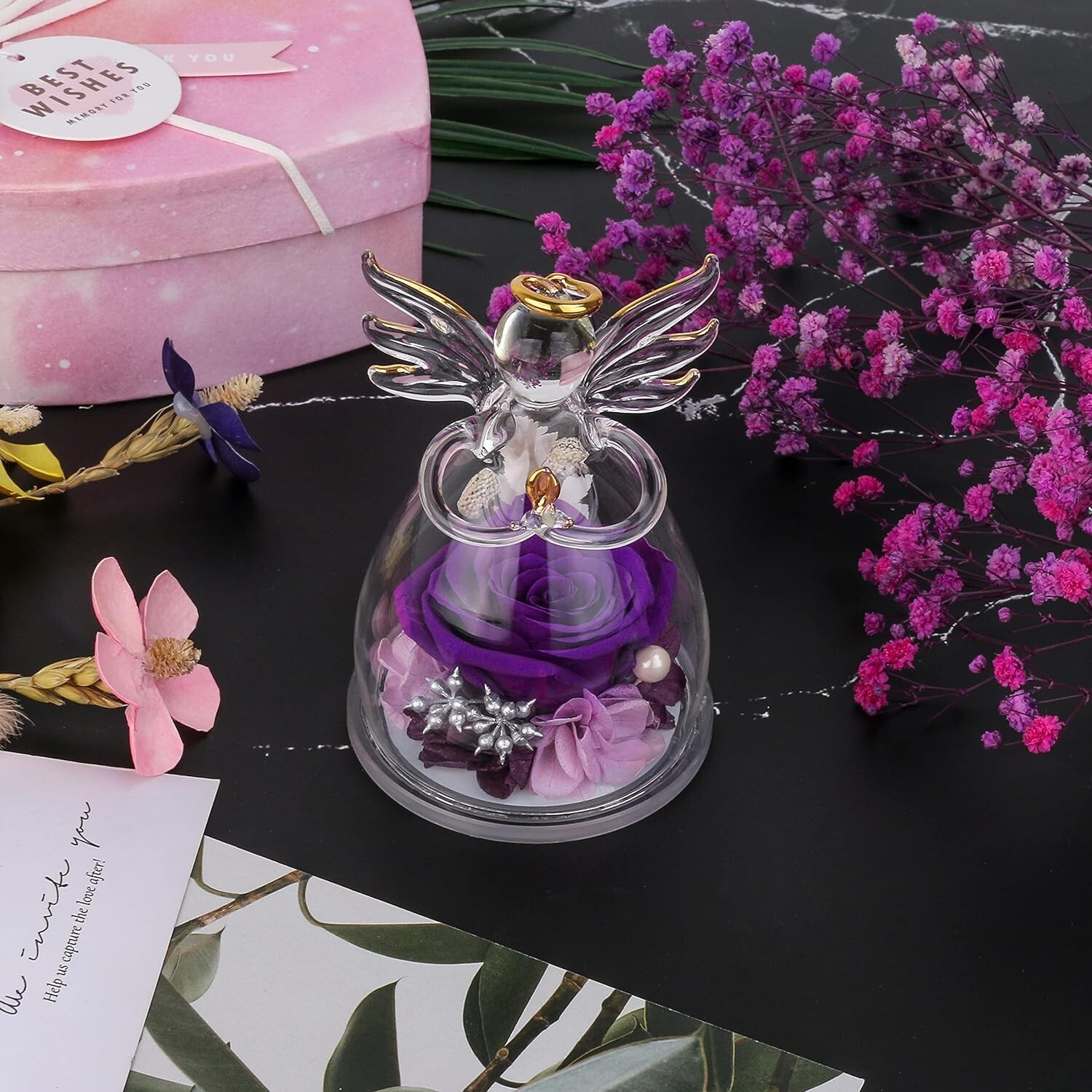 Delicate Purple Rose Angel Figurine with Real Hydrangea Petals – Elegant Gift