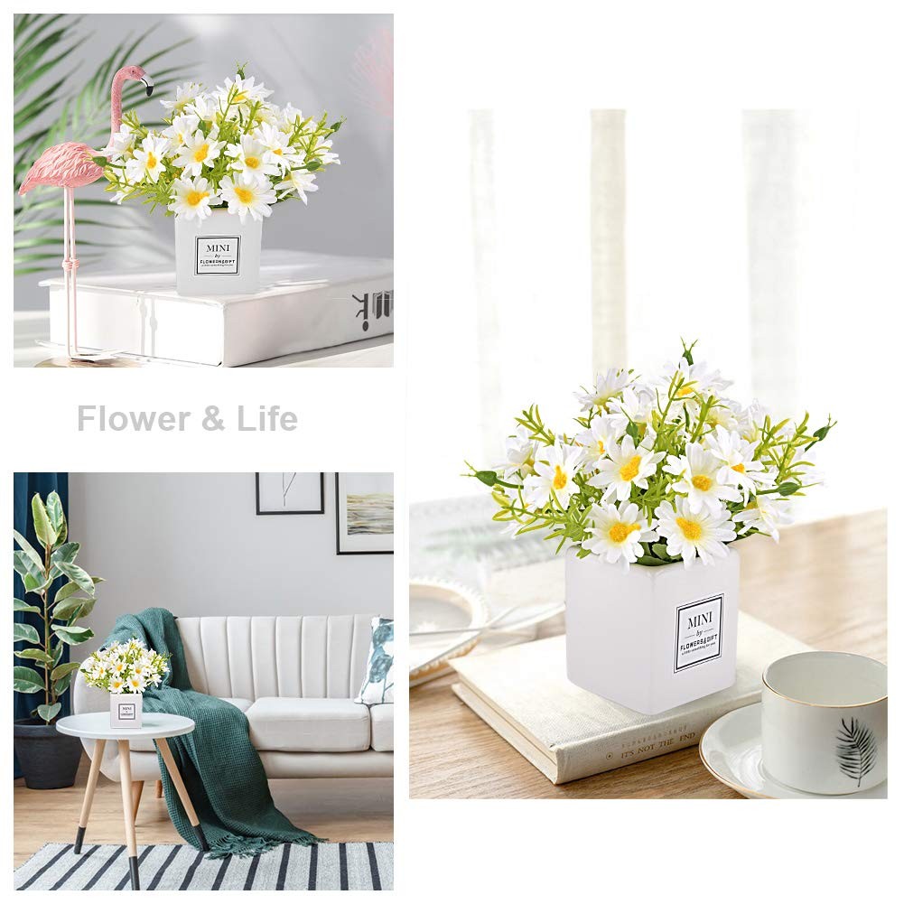 Artificial Flowers, Faux Flowers in Vase Small White Daisy Decor Mini Silky A…
