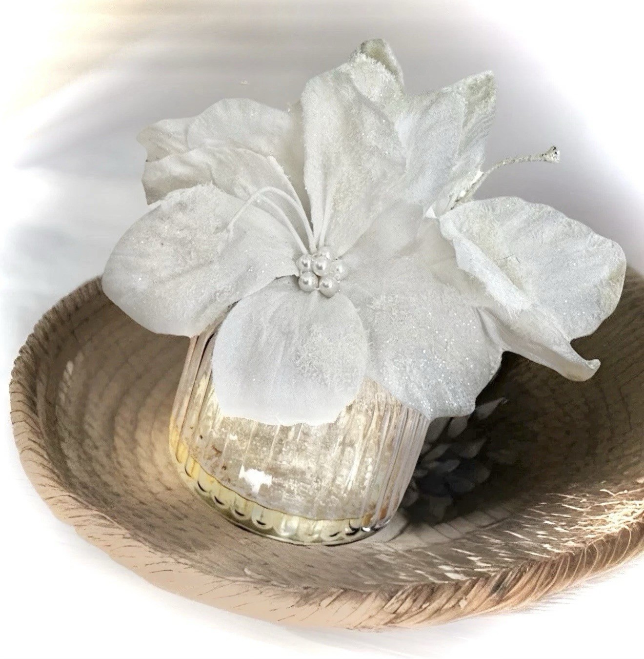 Nearly Natural White Poinsettia Faux Water Arrangement Christmas Decor Shabby