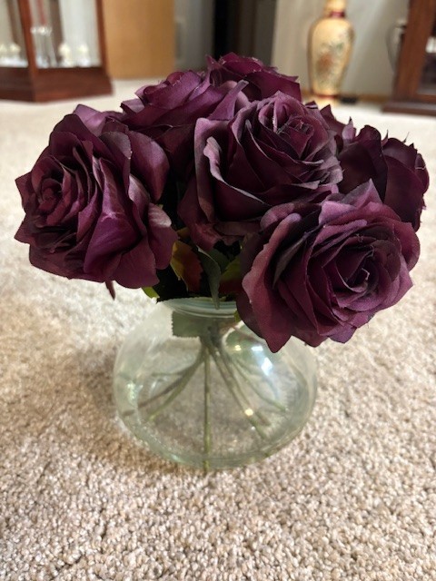 Faux Purple Roses Arrangement in Acrylic Water Vase Nearly Natural. 12×5″