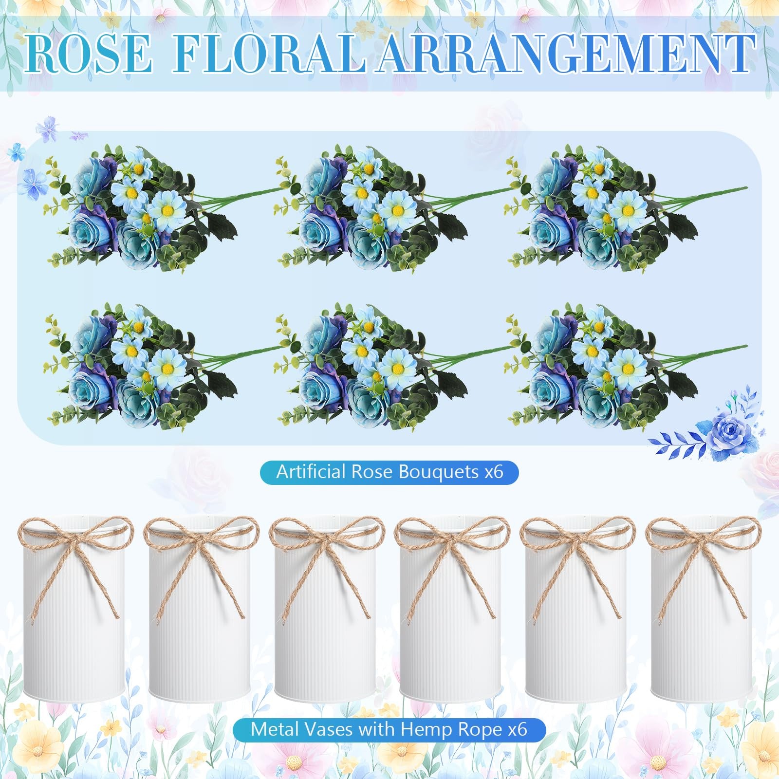 6 PCS Wedding Centerpiece Table Decor Blue Artificial Rose Flower Metal Vase