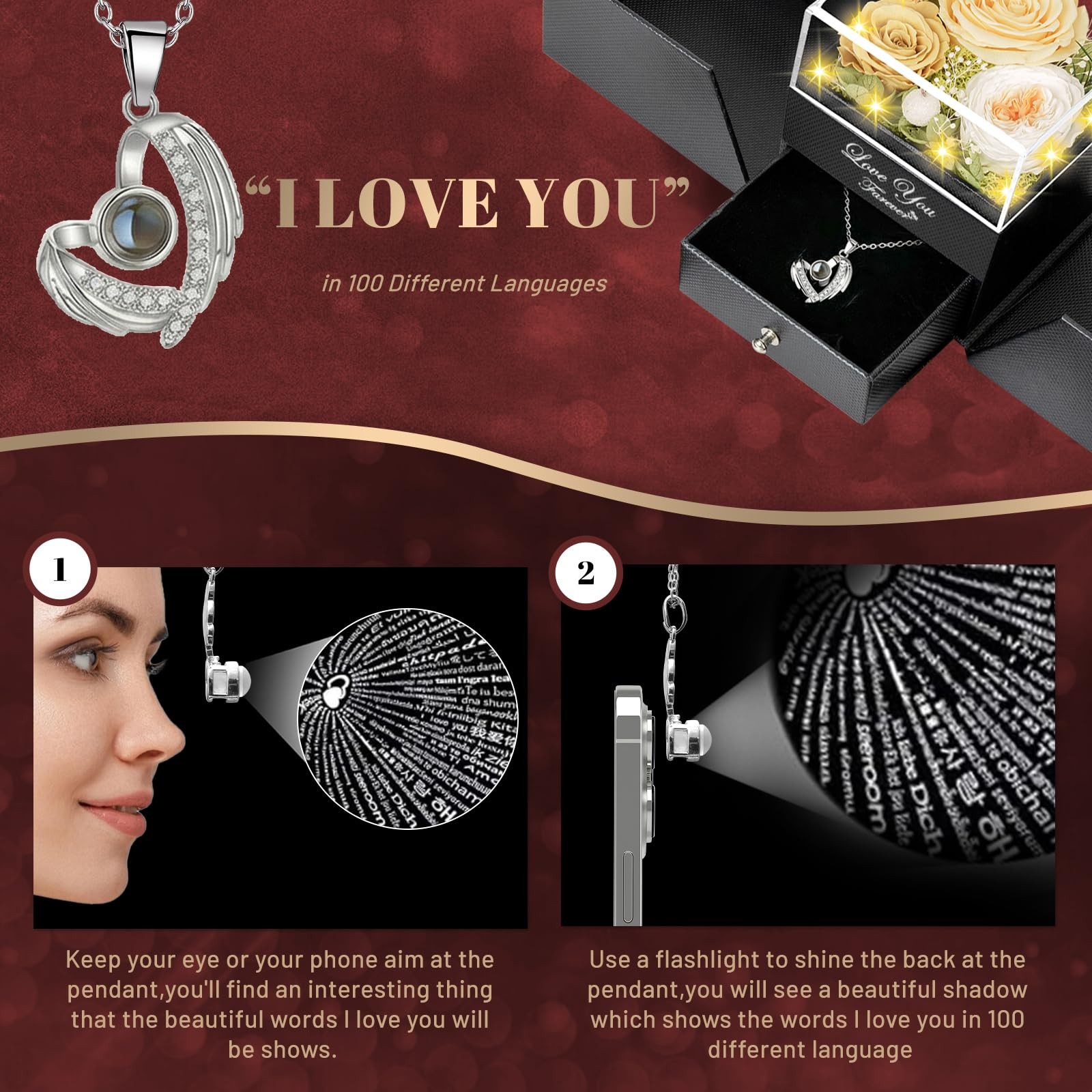 Preserved Real Champagne Rose with I Love You Angel Wings NecklaceForever Flo…