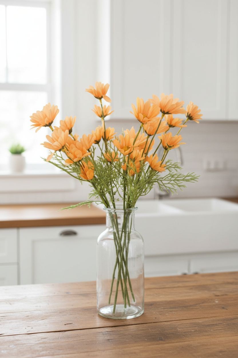 Peach Apricot Faux Daisy Stem 20 Inch Artificial Wildflower Set of 6 Farmhouse F