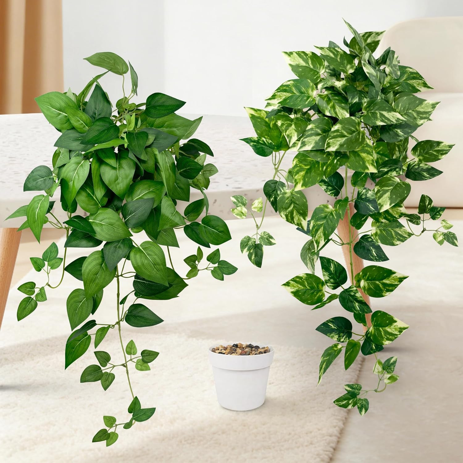 Artificial Hanging Plants with White Pots –2 Pack Fake Pothos Potted Plants Faux