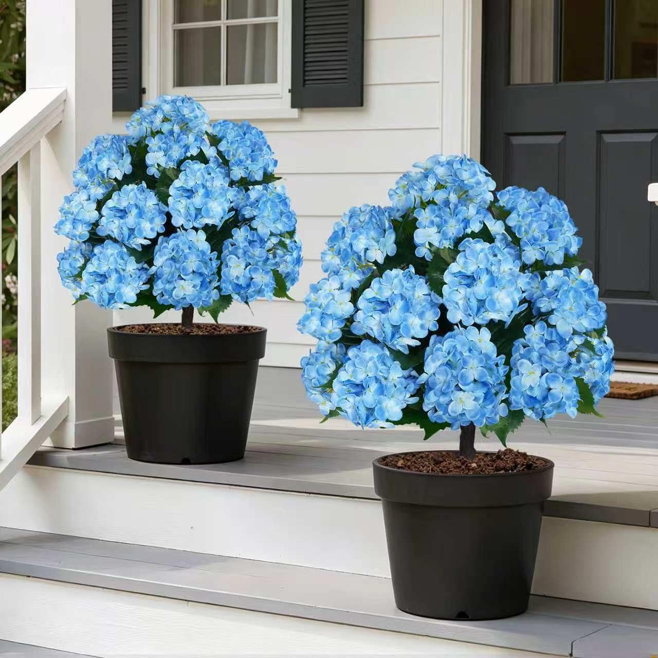Artificial Topiary Ball Tree with Blue Hydrangea, Set of 2 UV Resistant Shrub…