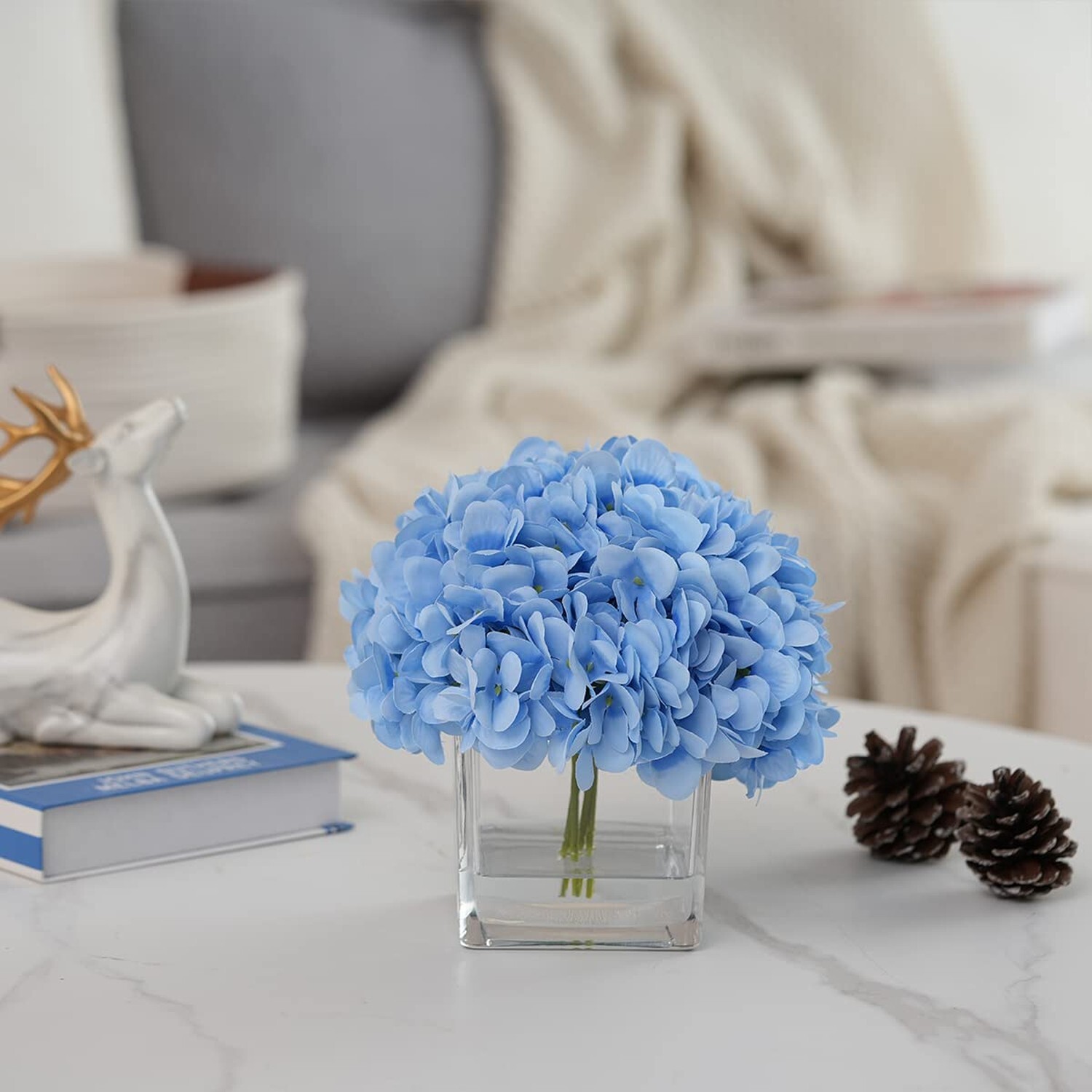 Silk Blue Artificial Hydrangea in Vase with Faux Water, Silk Flower Arrangeme…
