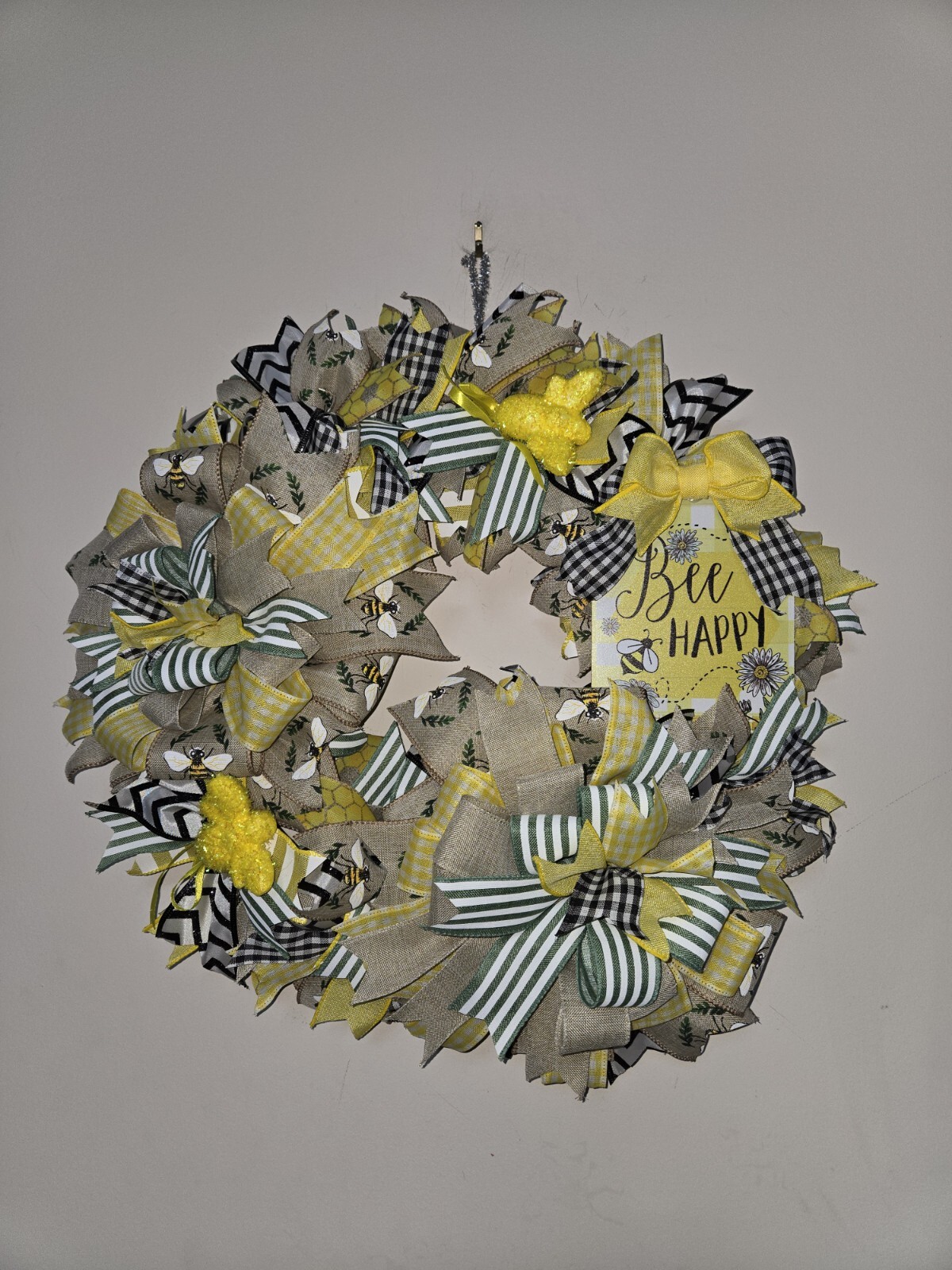 BEE happy WELCOME Spring Summer Fall Front Door Wreath Wall Decor Yellow Green