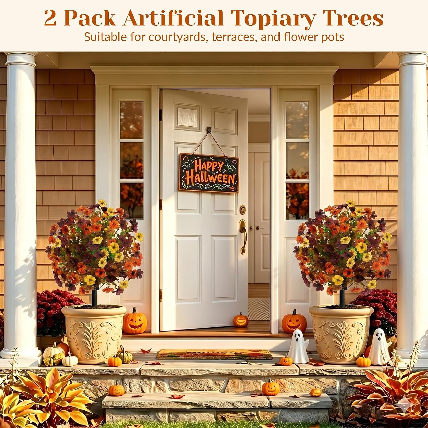 2 Pack UV Resistant Fall Topiary Ball Trees for Outdoor Autumn Decor