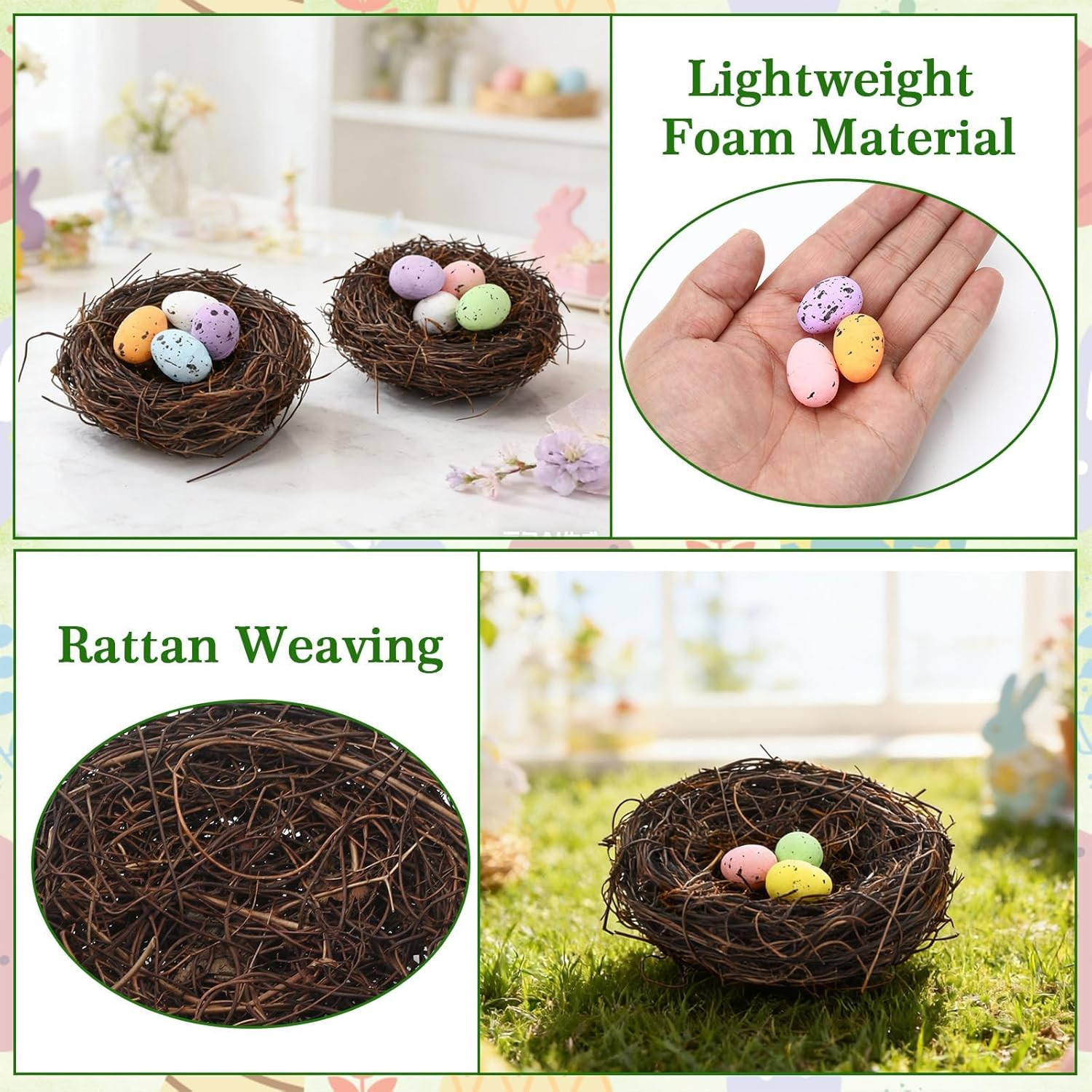 Easter Artificial Bird Nest with Eggs for Crafts, 6Pcs Artificial Rattan Birds N