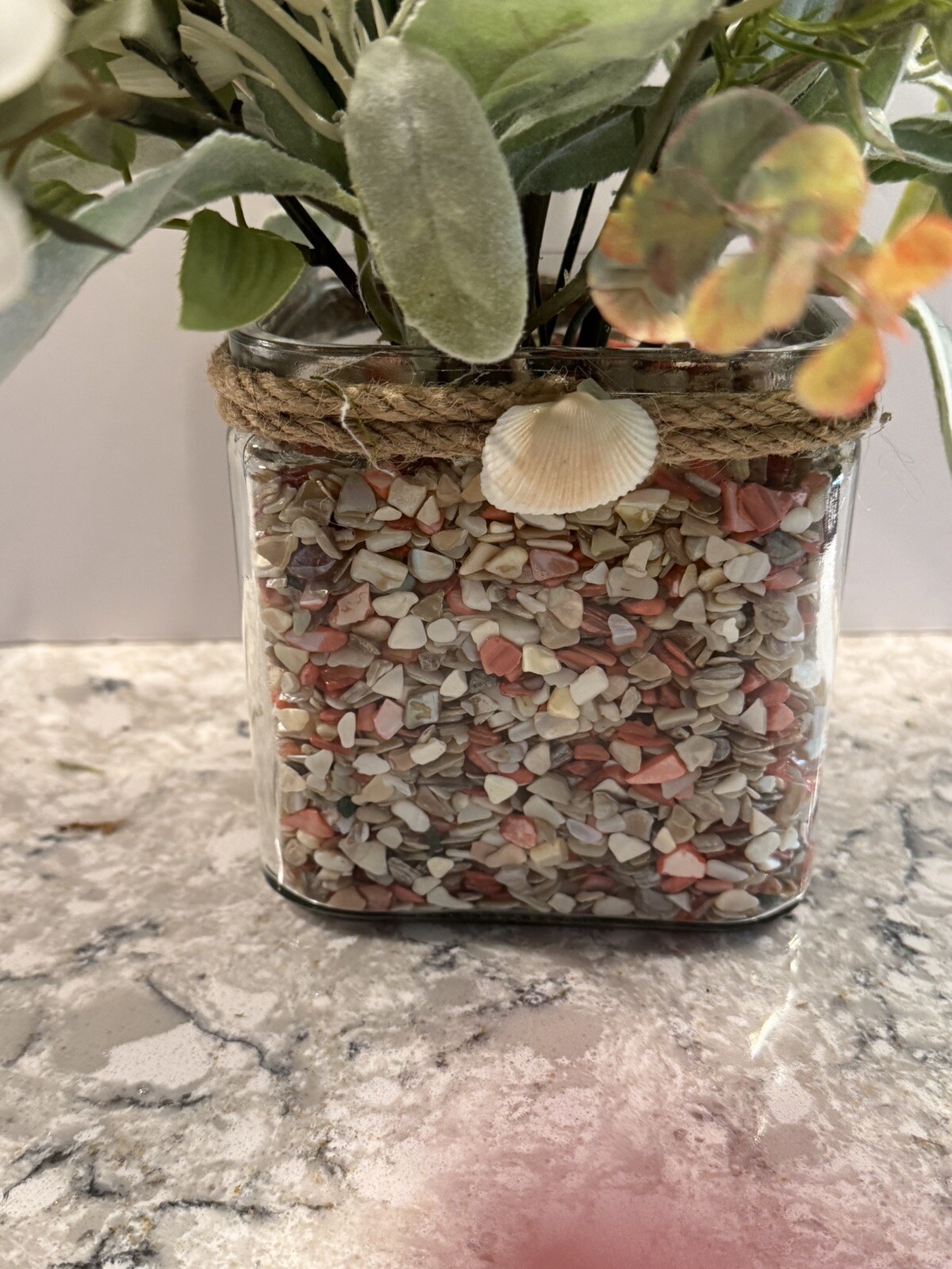 Spring Silk Floral Arrangement Clear Glass Vase Shell Chips Beach Decor