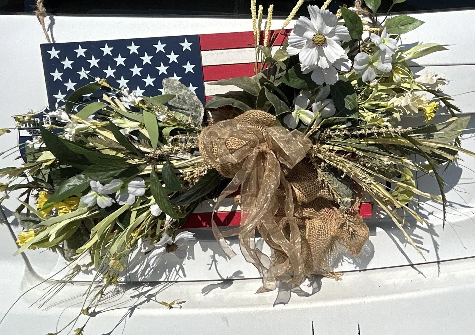 Handmade Patriotic floral Wall Hanging Decor, burlap & wood, artificial flowers.