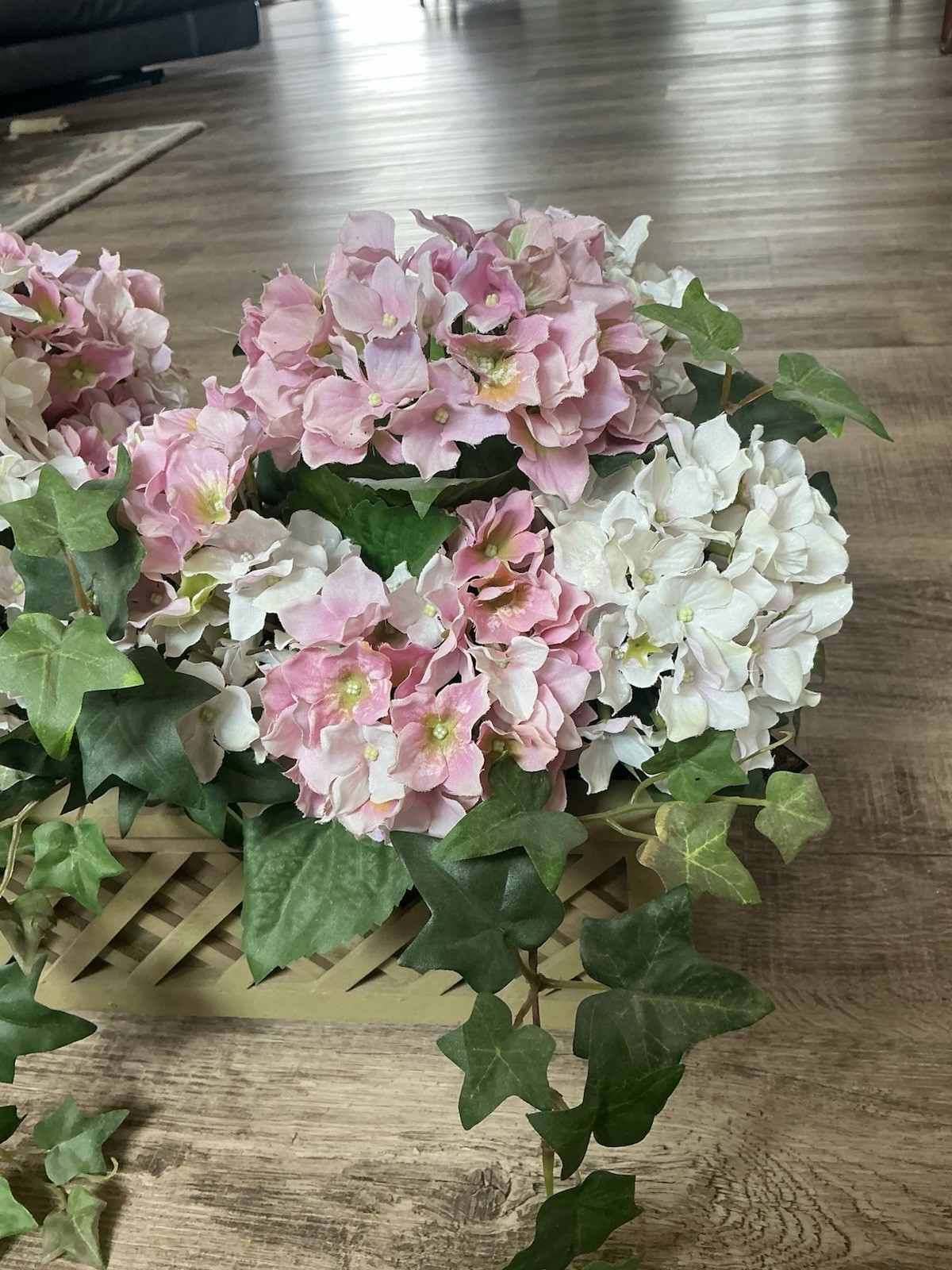 Hydrangea Faux Flower Arrangement Pink White In Planter Box 14x5x6