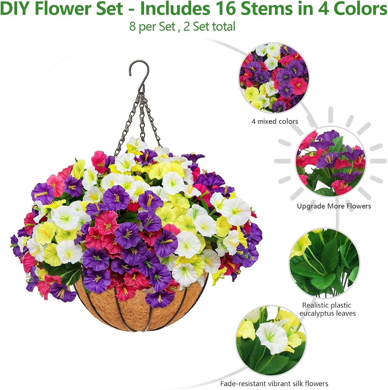 2 Set Artificial Hanging Flowers with Basket for Outdoor Spring Summer Decor – R