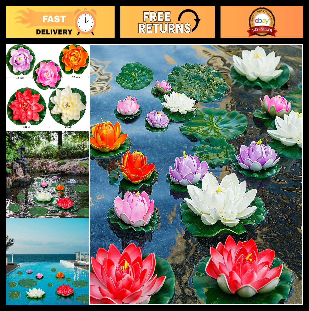 Floating Foam Lotus Flowers & Lily Pads for Pond Decor, 14PCS – 11in & 6in Koi F