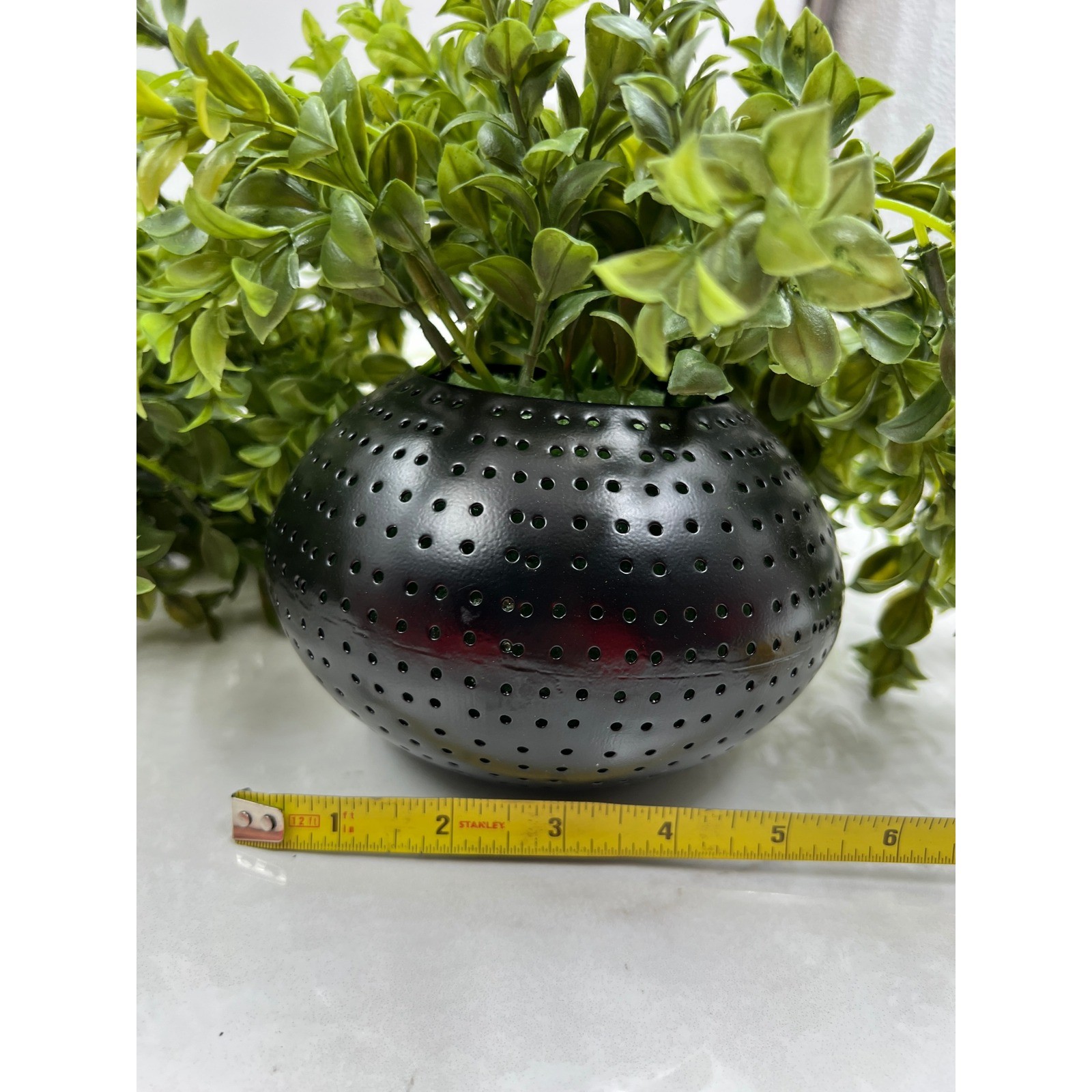 Artificial Trailing Greenery in Black Perforated Metal Globe Pots Set of 2