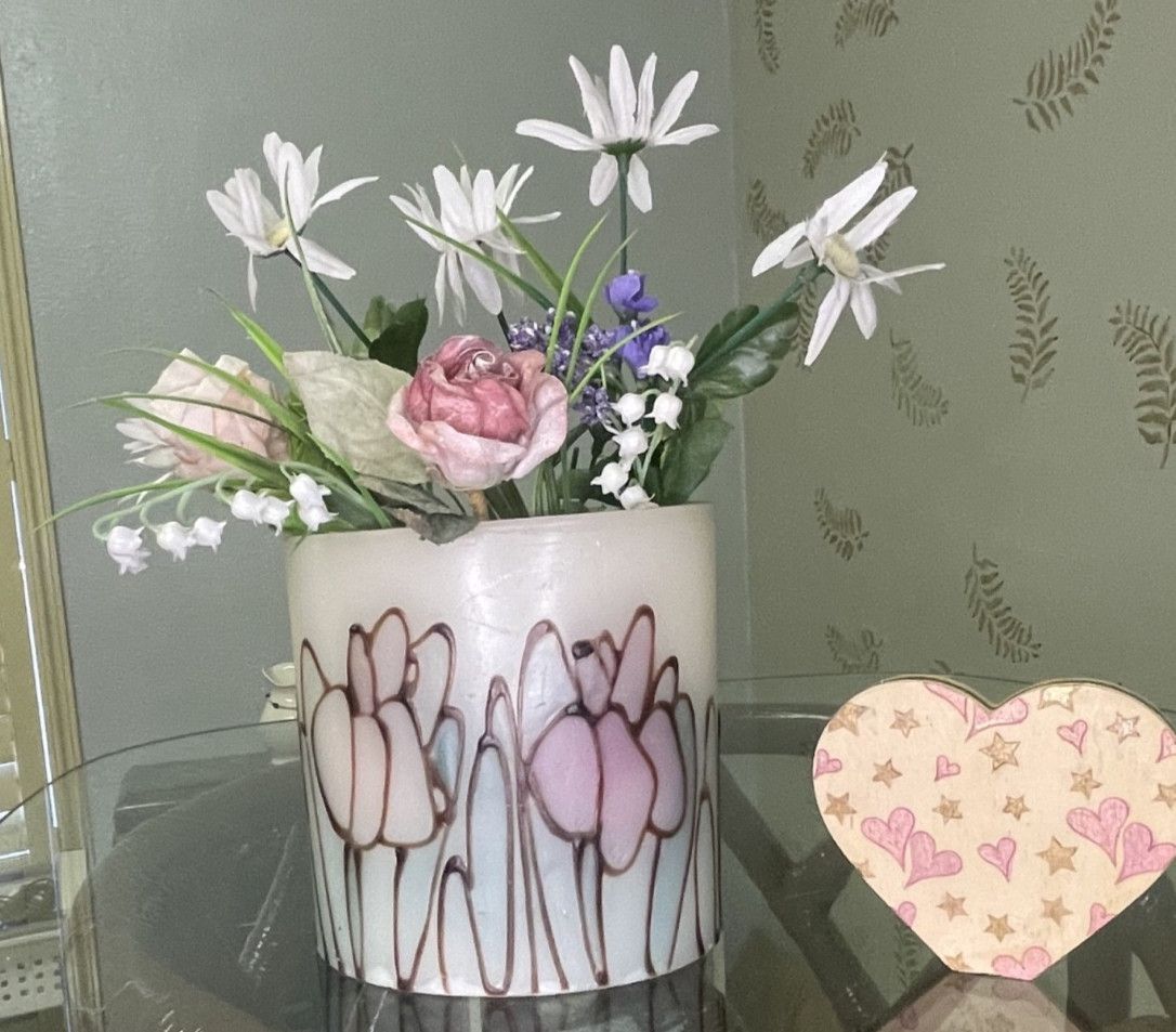 2-Piece Pretty Silk Flower in Wax Vase w/Nice Painted Wooden Heart