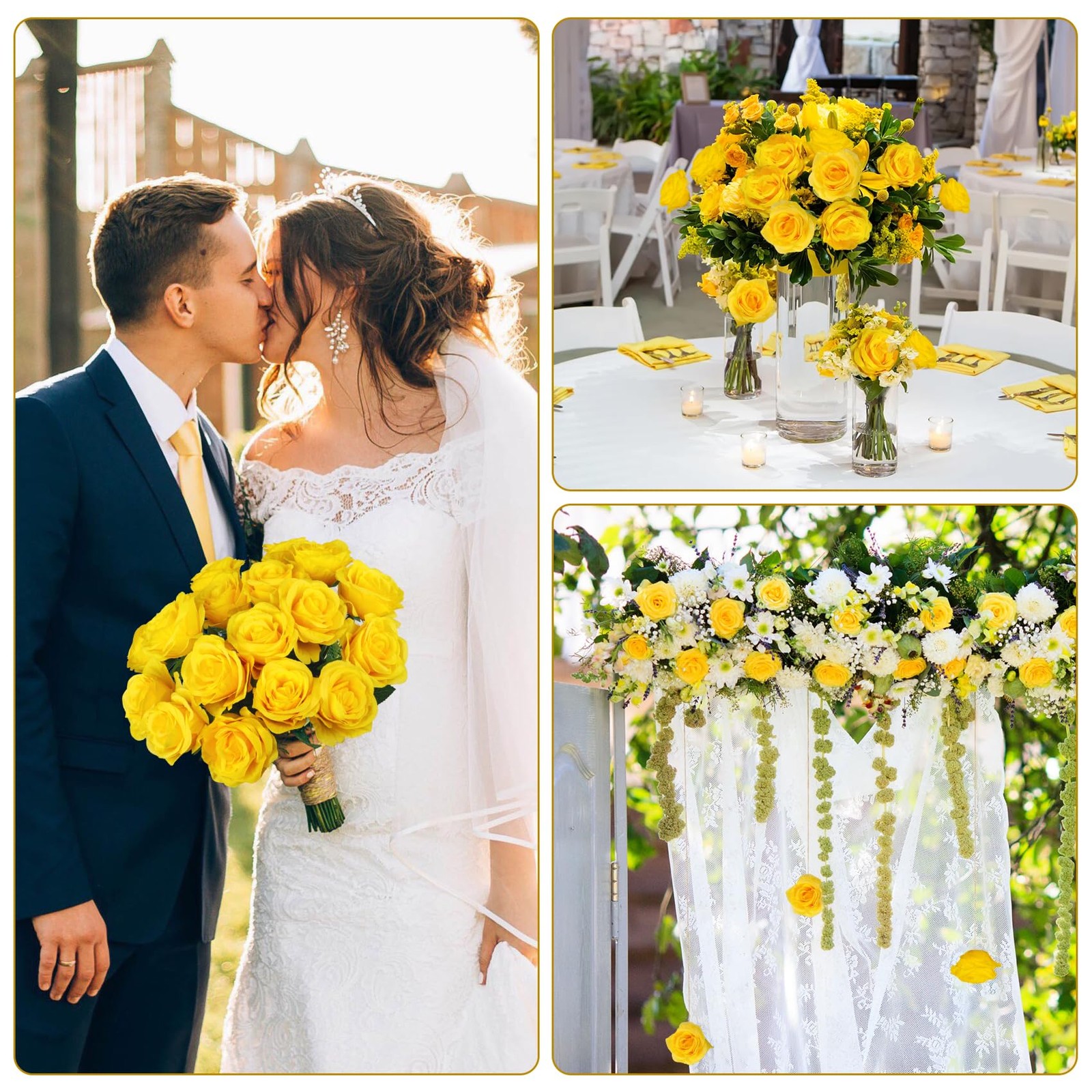 Ouddy Decor 20 Pcs Fake Yellow Roses Artificial Silk Flowers with Long Stems …
