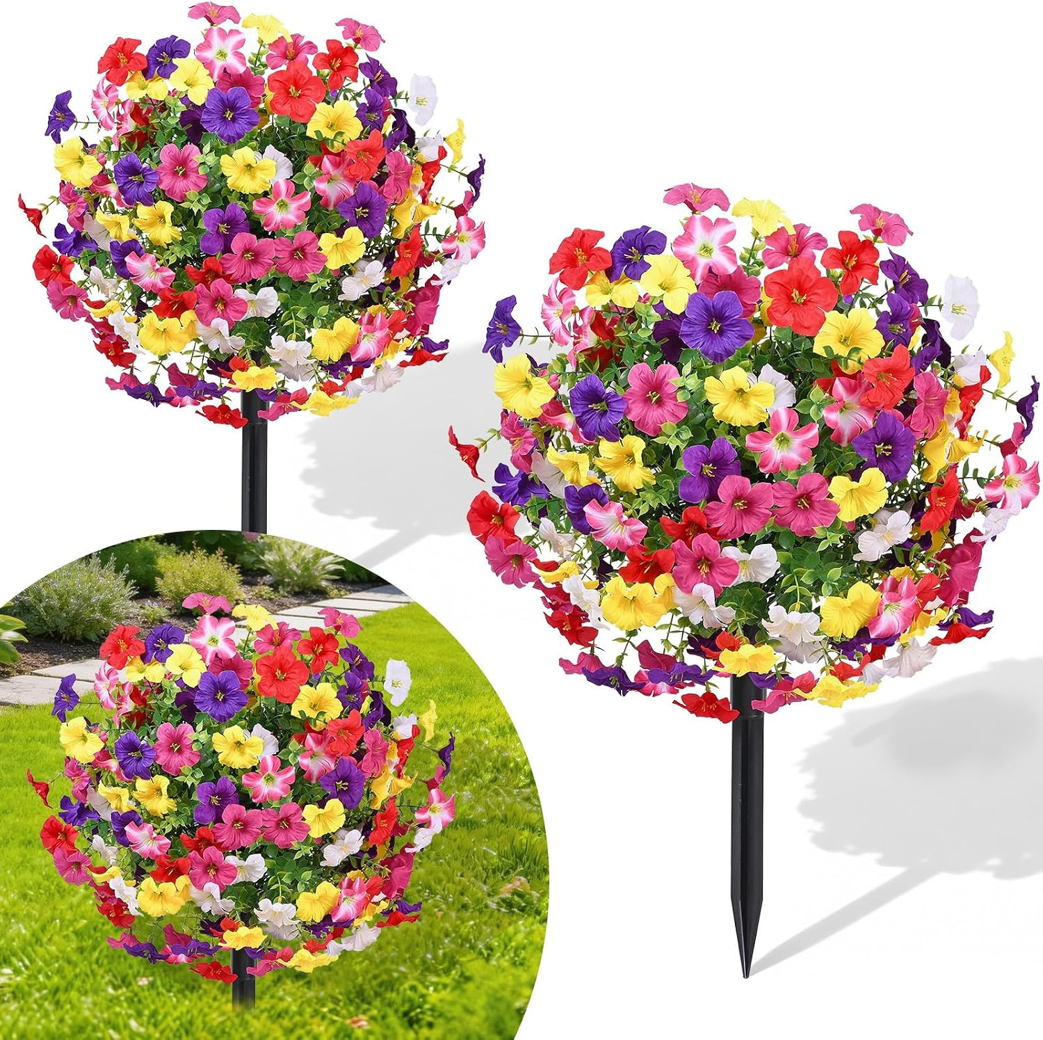 Set of 2 UV Resistant 23″ Boxwood Topiary Balls with Petunias for Outdoor Decor
