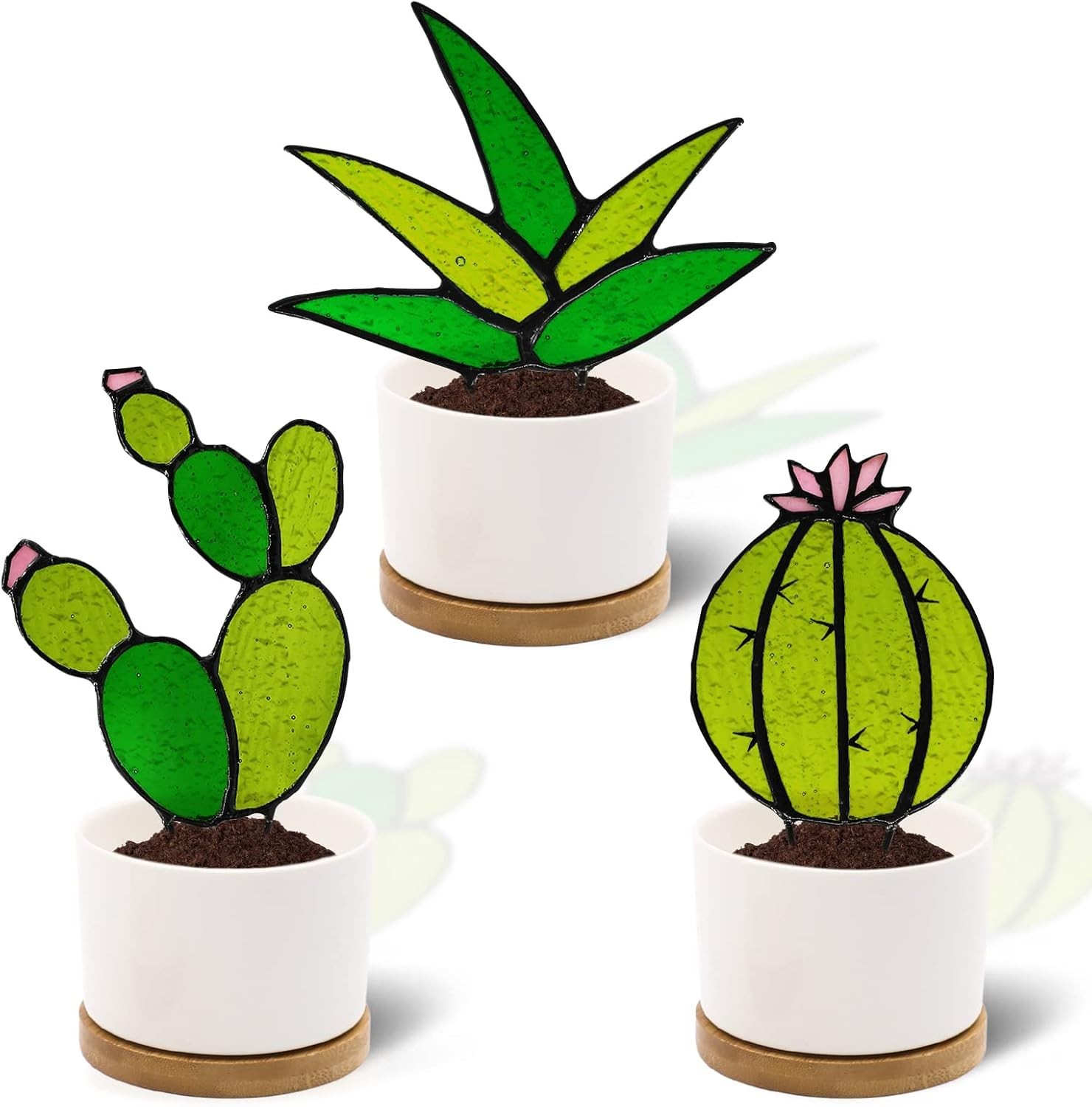Mini Cactus Stained Glass Suncatcher for Indoor Outdoor Decor Green Pink