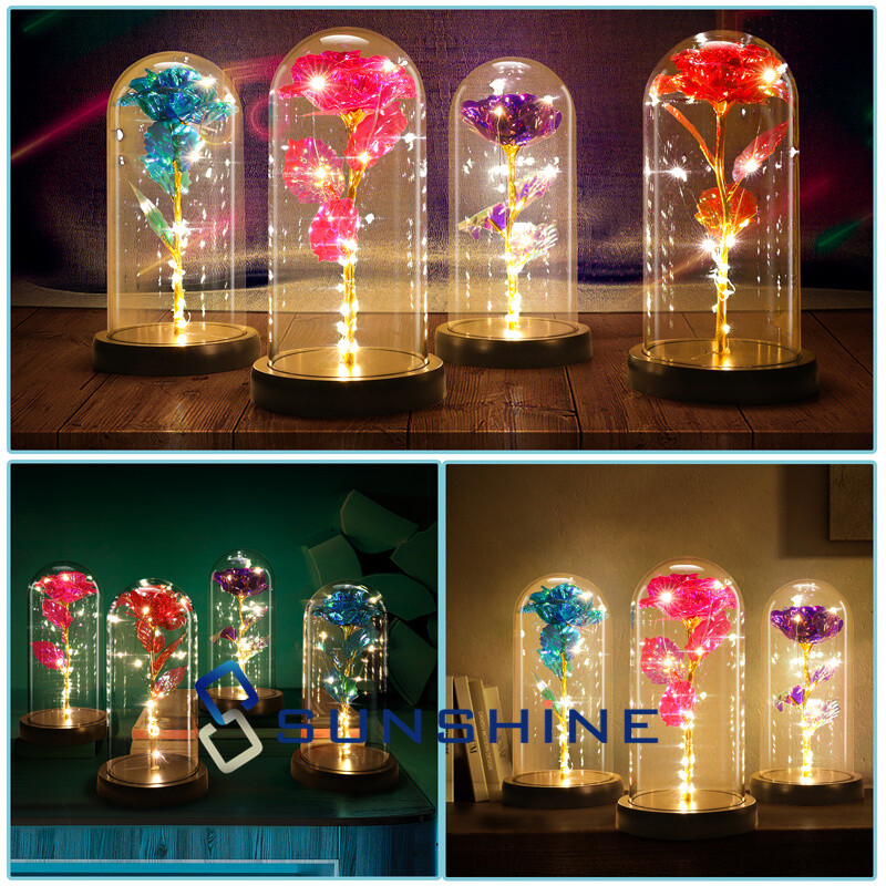Rosa de galaxia con luz LED de cristal en cúpula, flor eterna de aluminio regalo