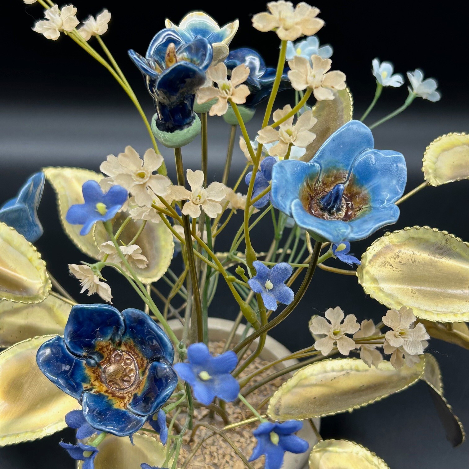 Mixed Media Flower Arrangement Ceramic & Faux Silk Flowers Metal Leaves in Pot