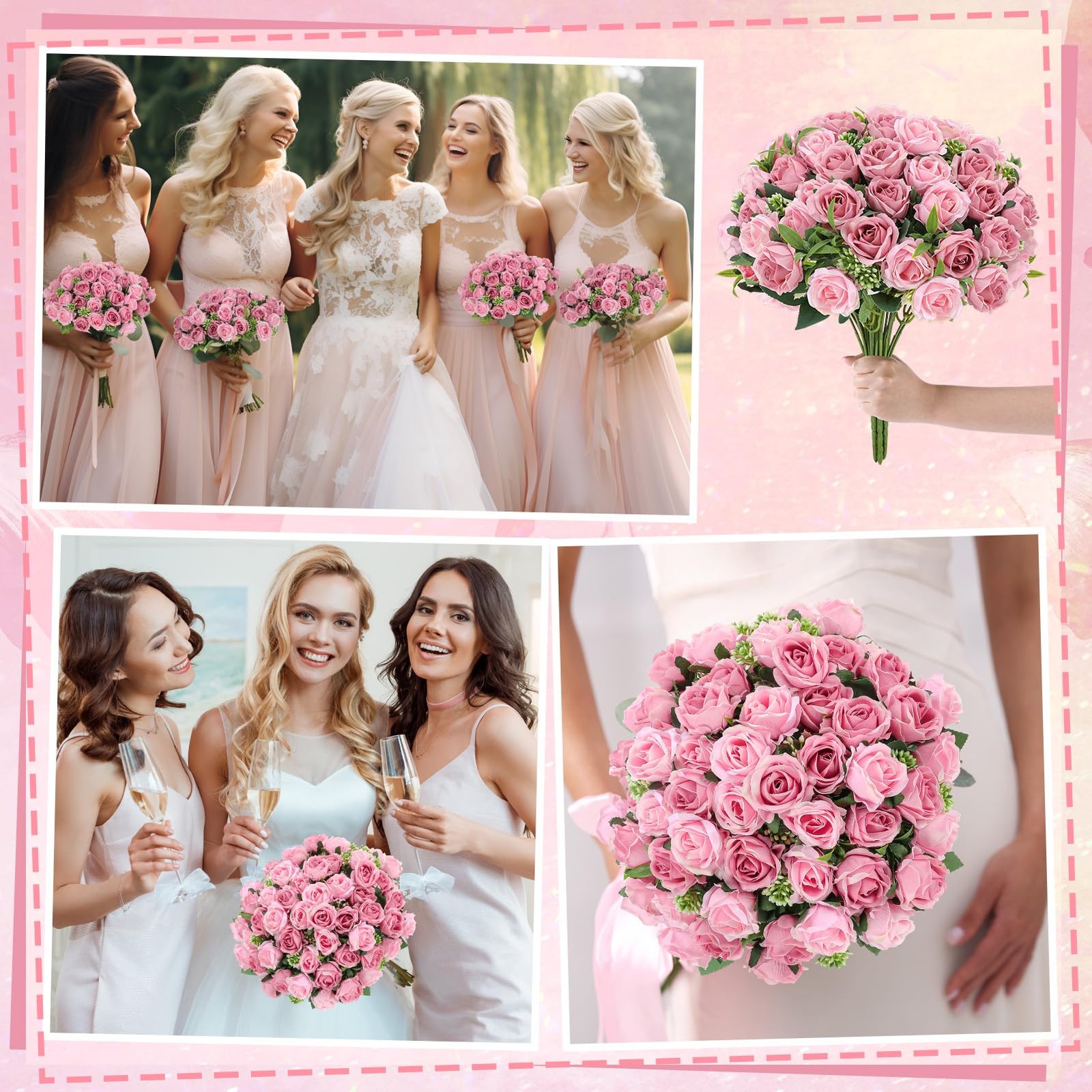 6 Stems 10 Heads Dusty Pink Artificial Silk Roses Bouquets with Leaf Faux Flo…
