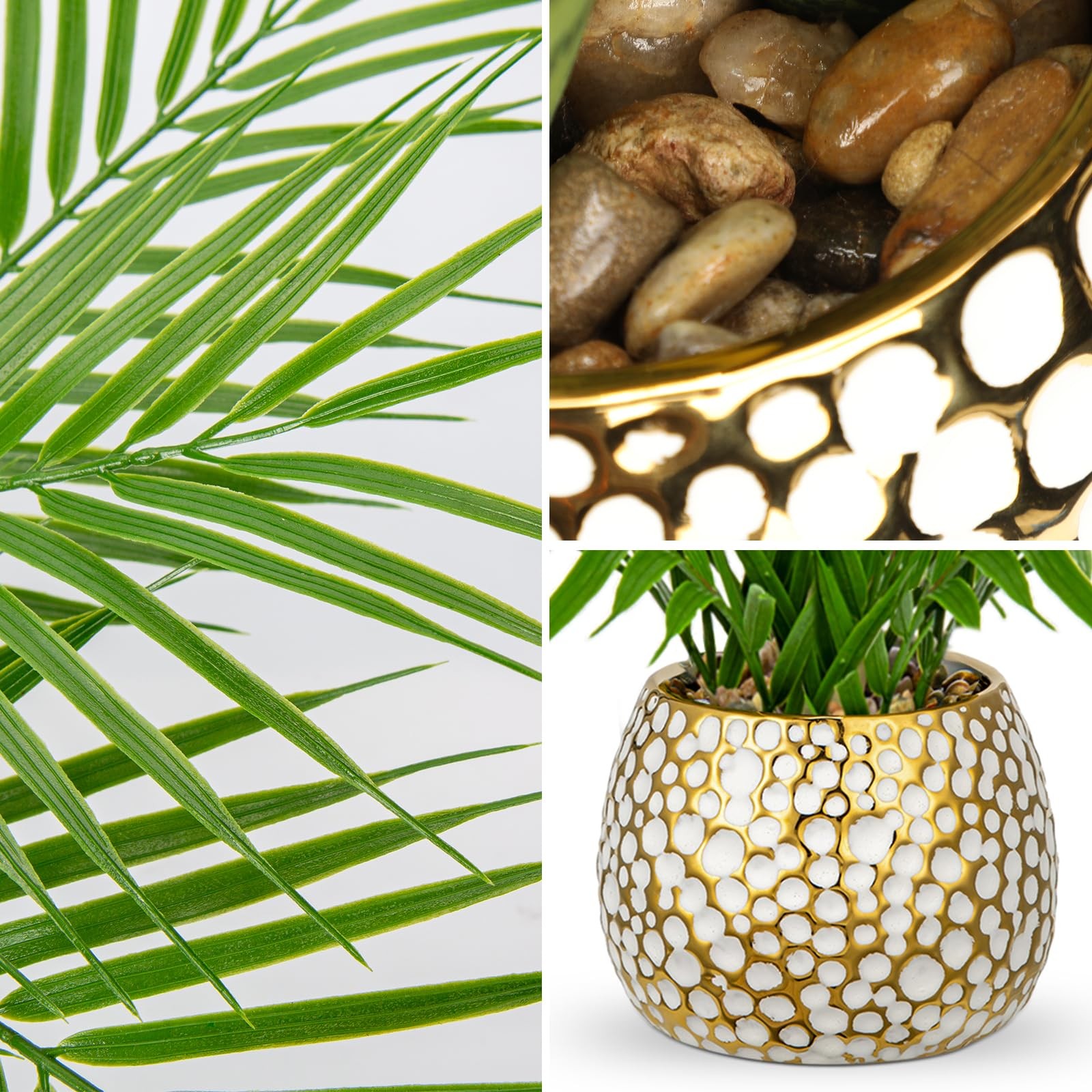Fake Plants 15” Faux Palm Plant in Gold-White Pot | Realistic Tropical Artif…