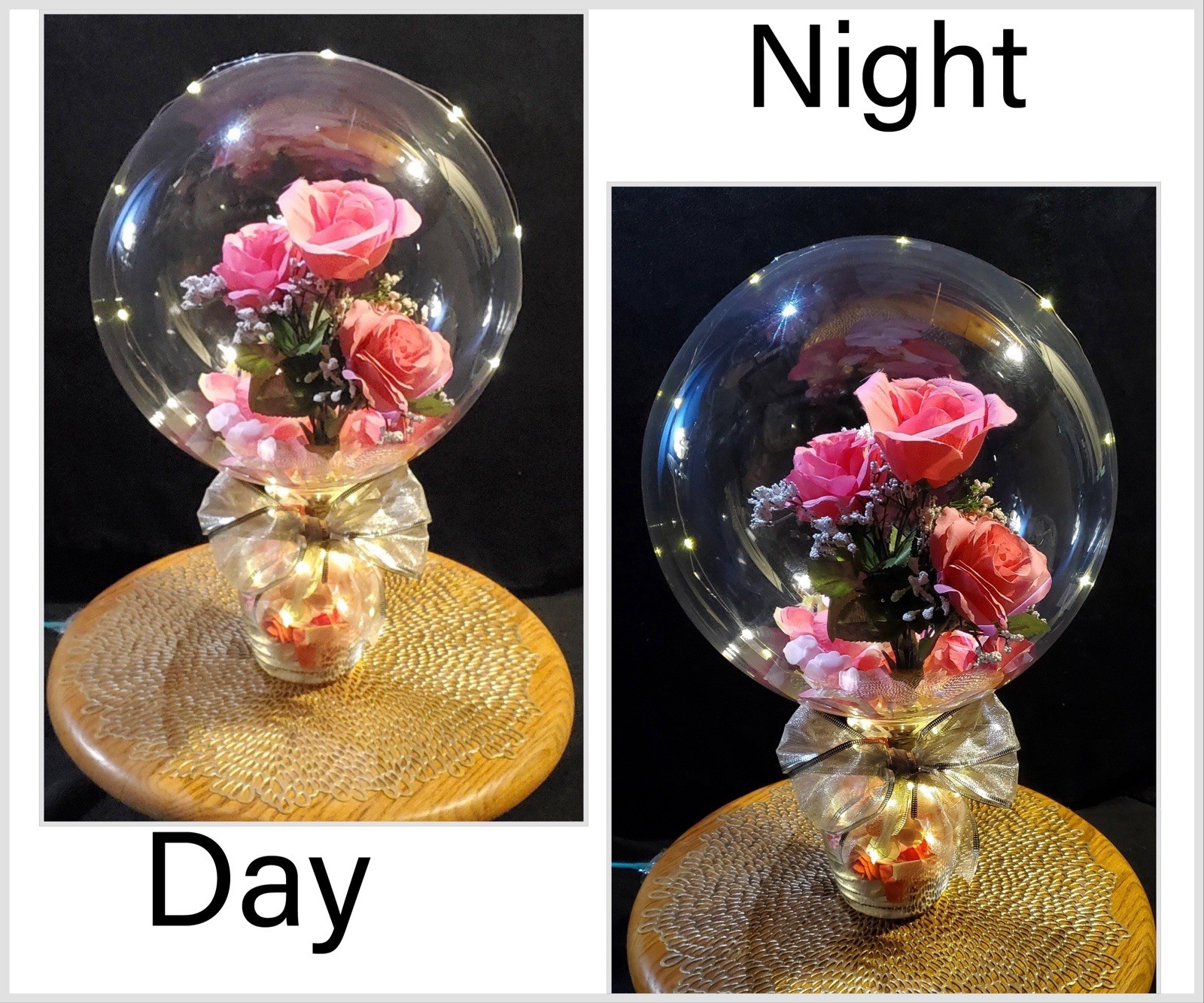 Valentines Day Gift, Pink Rose Balloon. Light Balloon, Glass Vase