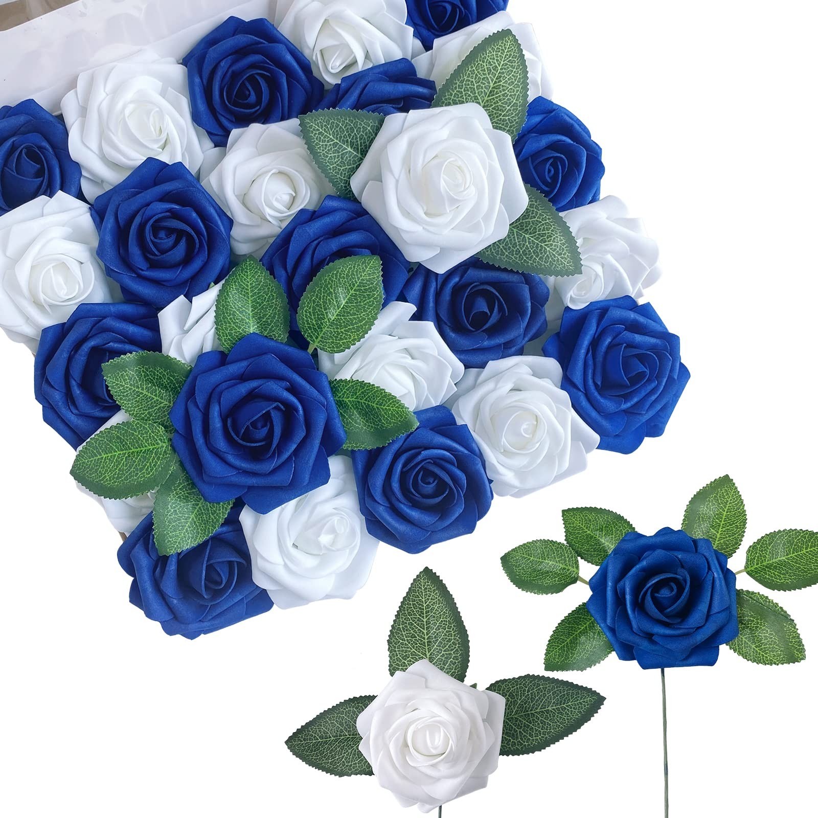 25 PCS Artificial Flowers Navy Blue White Roses Wedding Bouquet Cake Decor