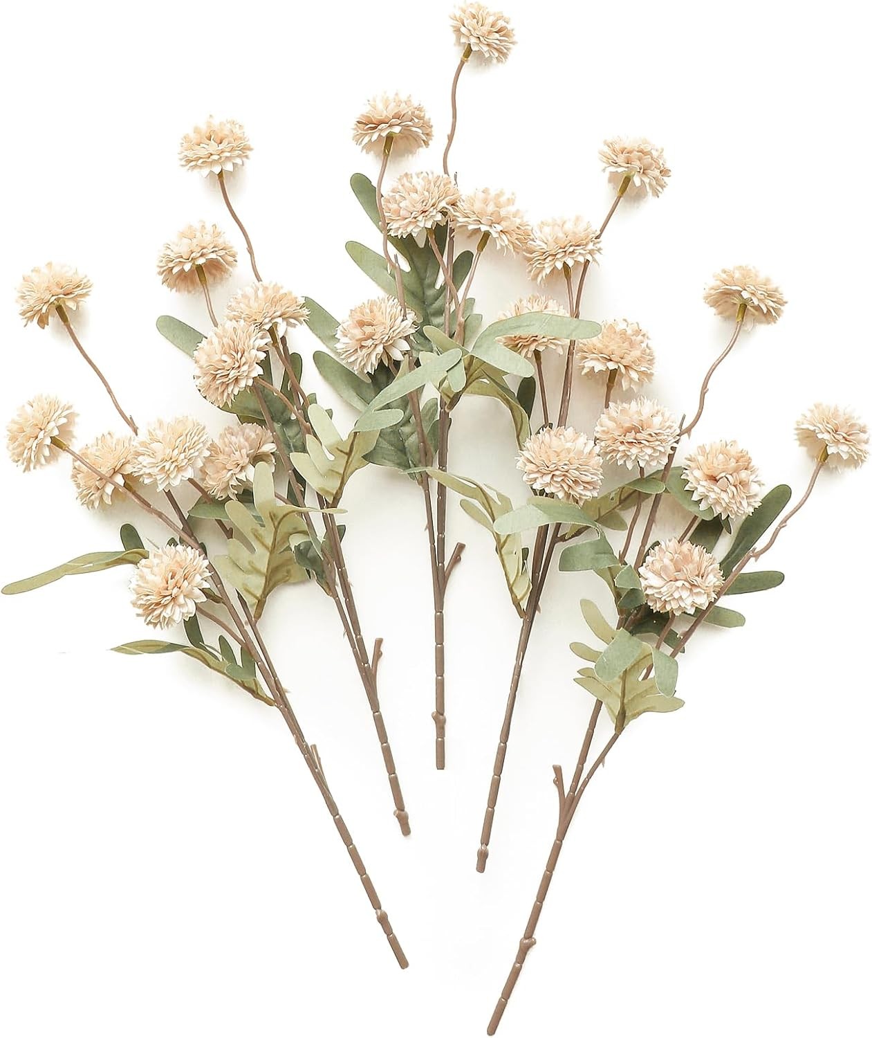 5pcs Beige Faux Silk Mums Artificial Flowers, Bulk Fake Small Mini
