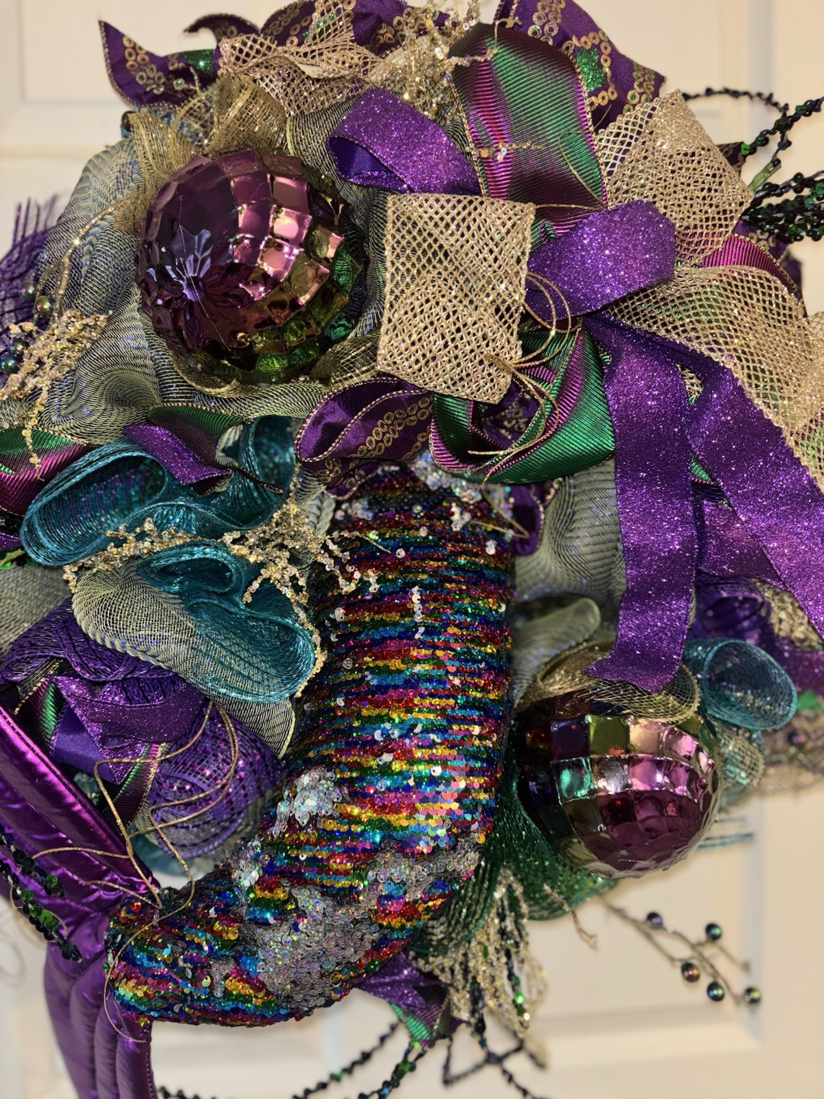 Mardi Gras Wreath Extra Large With Mermaid Tail and Fleur De Lis Handmade Deco
