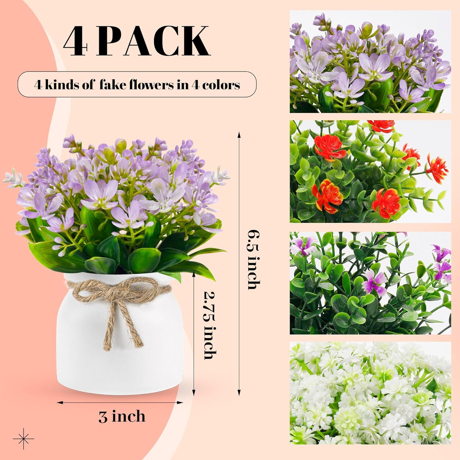 Der Rose 4 Pack Fake Flowers Small Artificial Faux Plants Indoor Summer Spring D