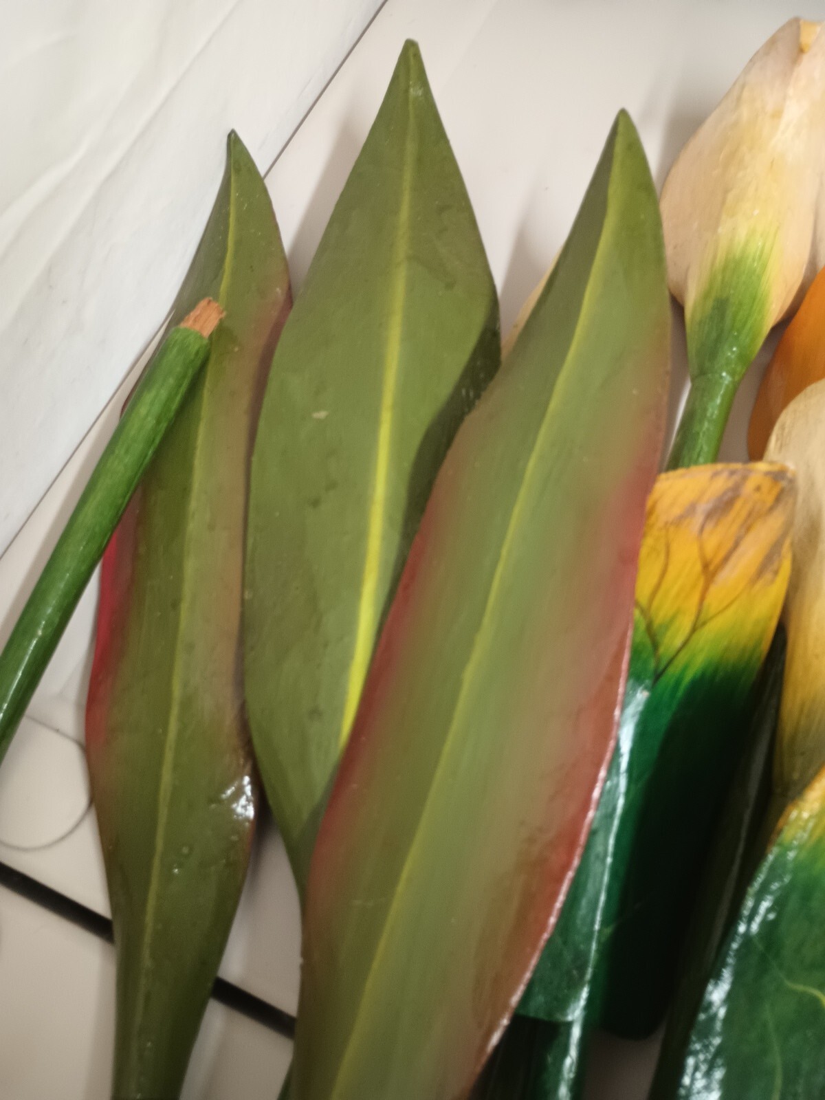 VTG Wood Tropical Flowers Long Stem 36″ Leaves Lot Of 13 Wooden Painted Carved