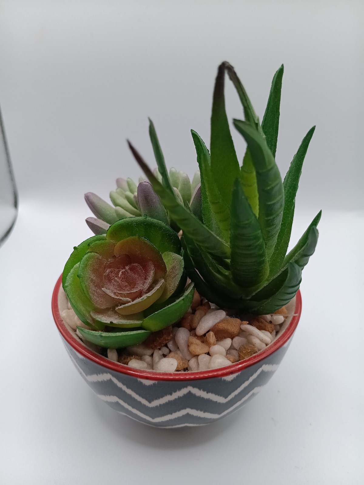 Decorative Artifical 3-Plant Succulent Arrangement In Chevron Print Bowl