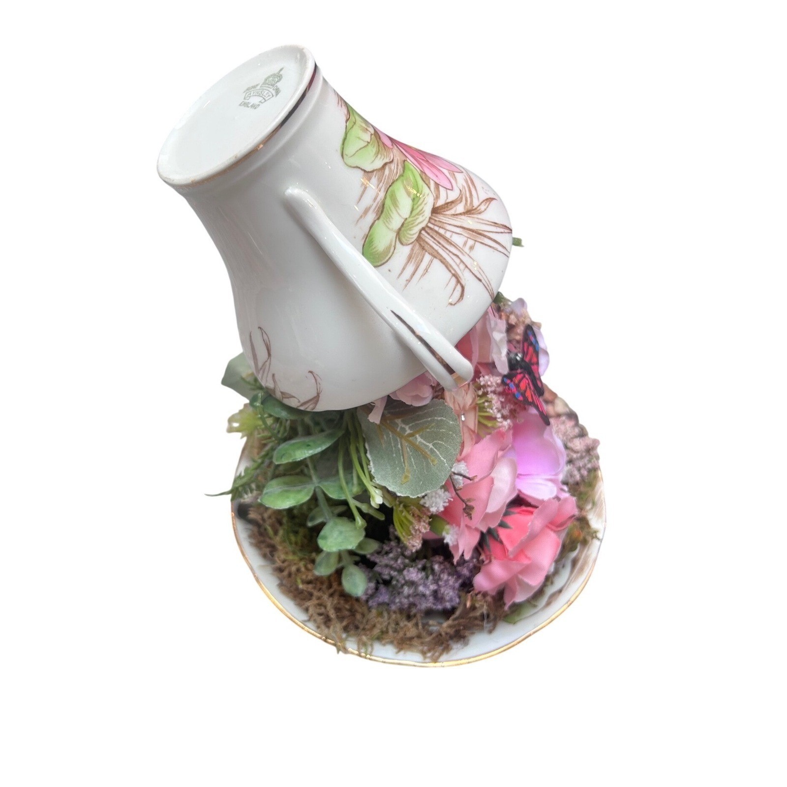Aynsley England Floating Teacup Centerpiece Faux Floral Pink Rose Butterfly