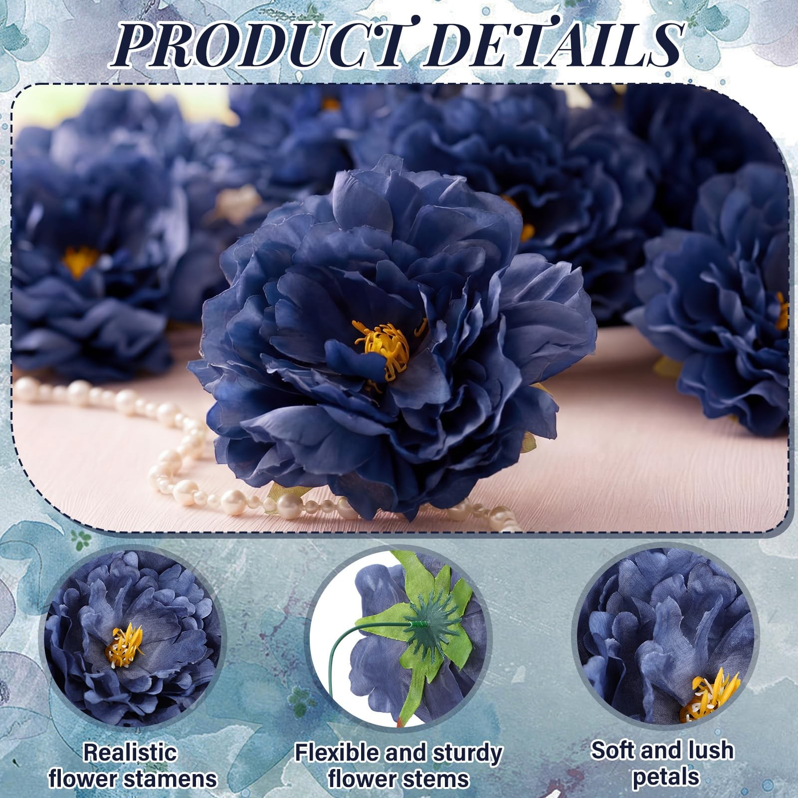 Artificial Peonies Flowers 5.5 Inch 50 PCS Ink Blue Silk Wire Branch Bouquets