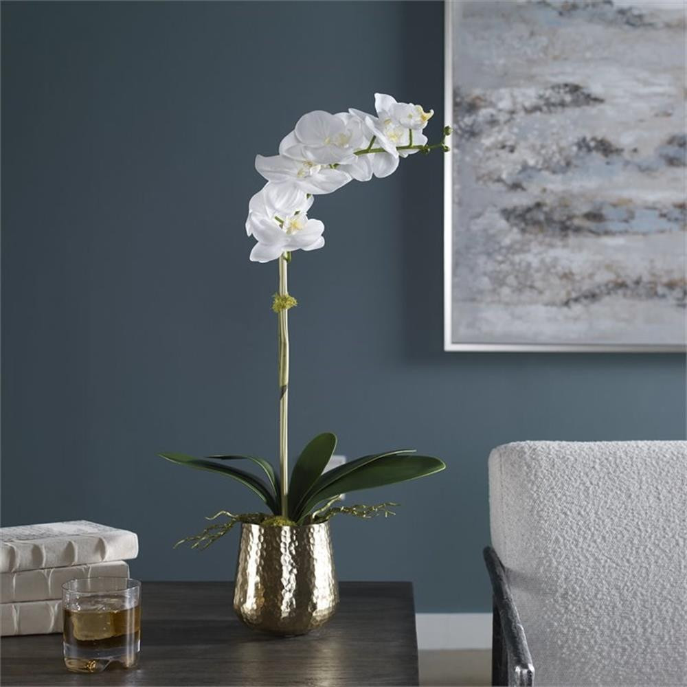 Uttermost Cami Metal Orchid with Brass Pot and Reindeer Moss in White/Brass