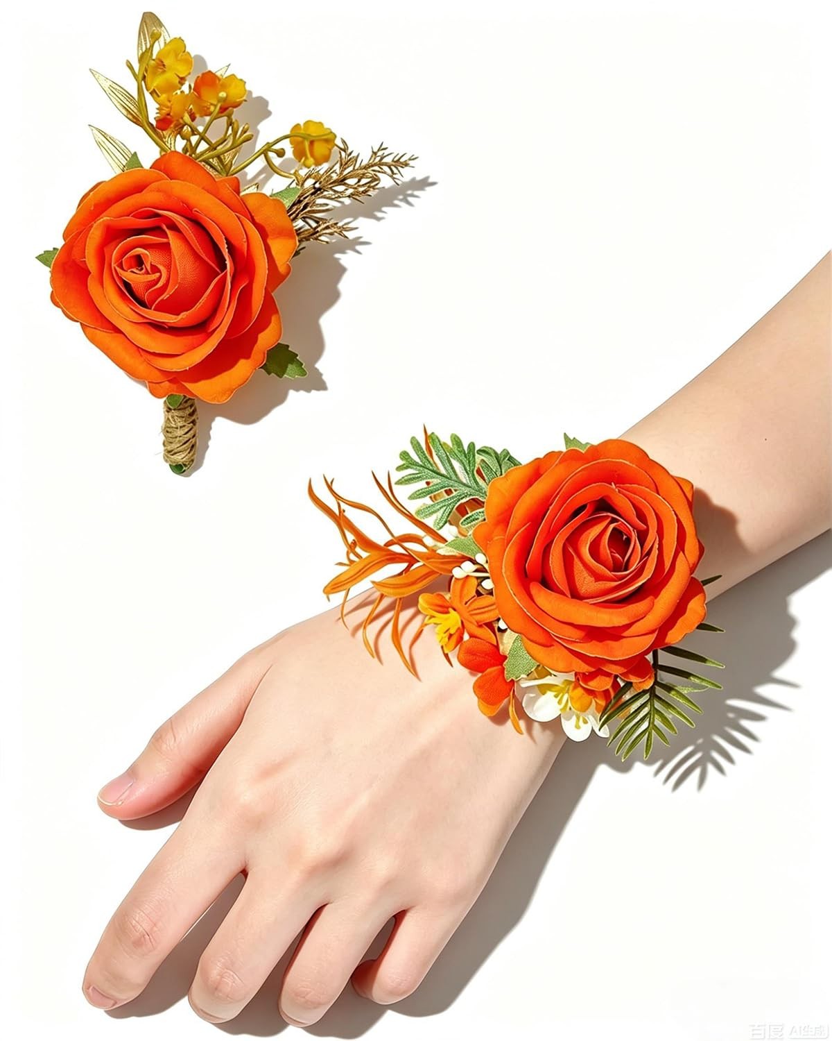 2 PCS Orange Rose Corsage Wristlet And Men Boutonniere Wedding Prom