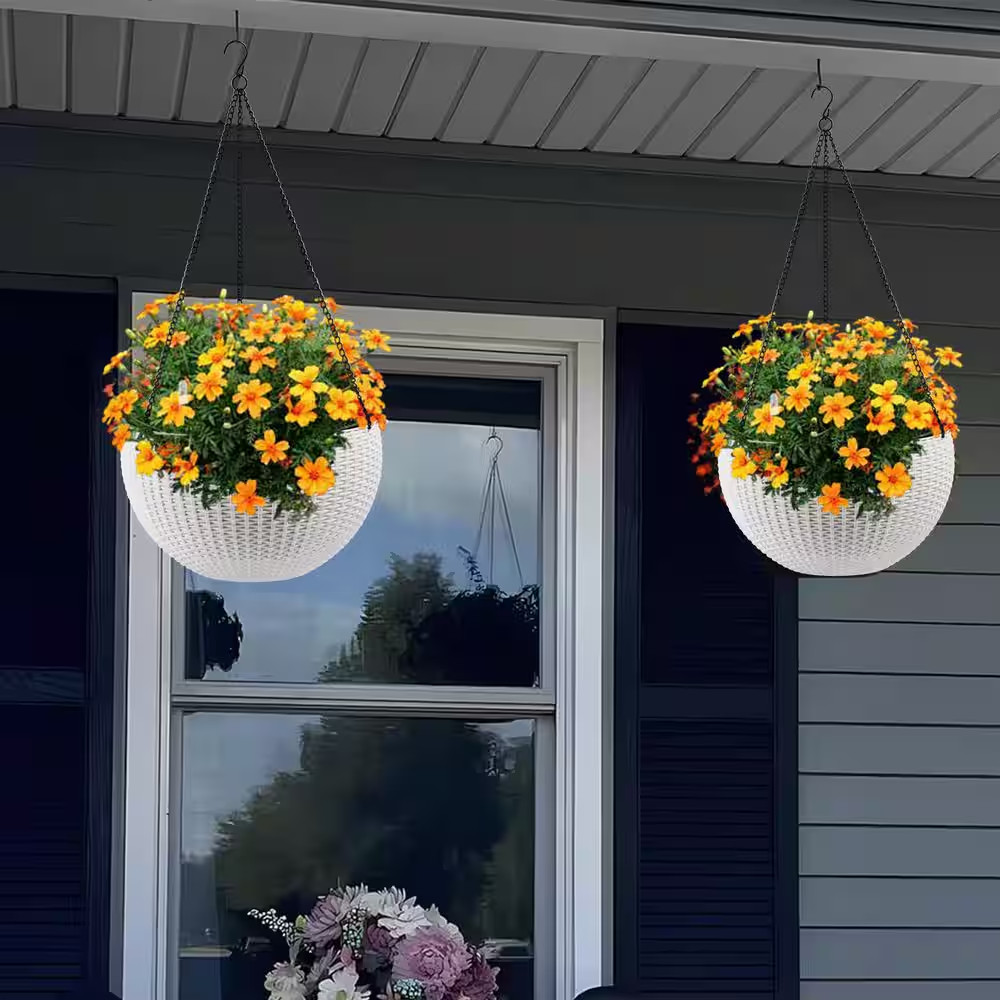 13.4 In. Dia White Plastic Hanging Basket, Dual-Use for Indoor and Outdoor Decor