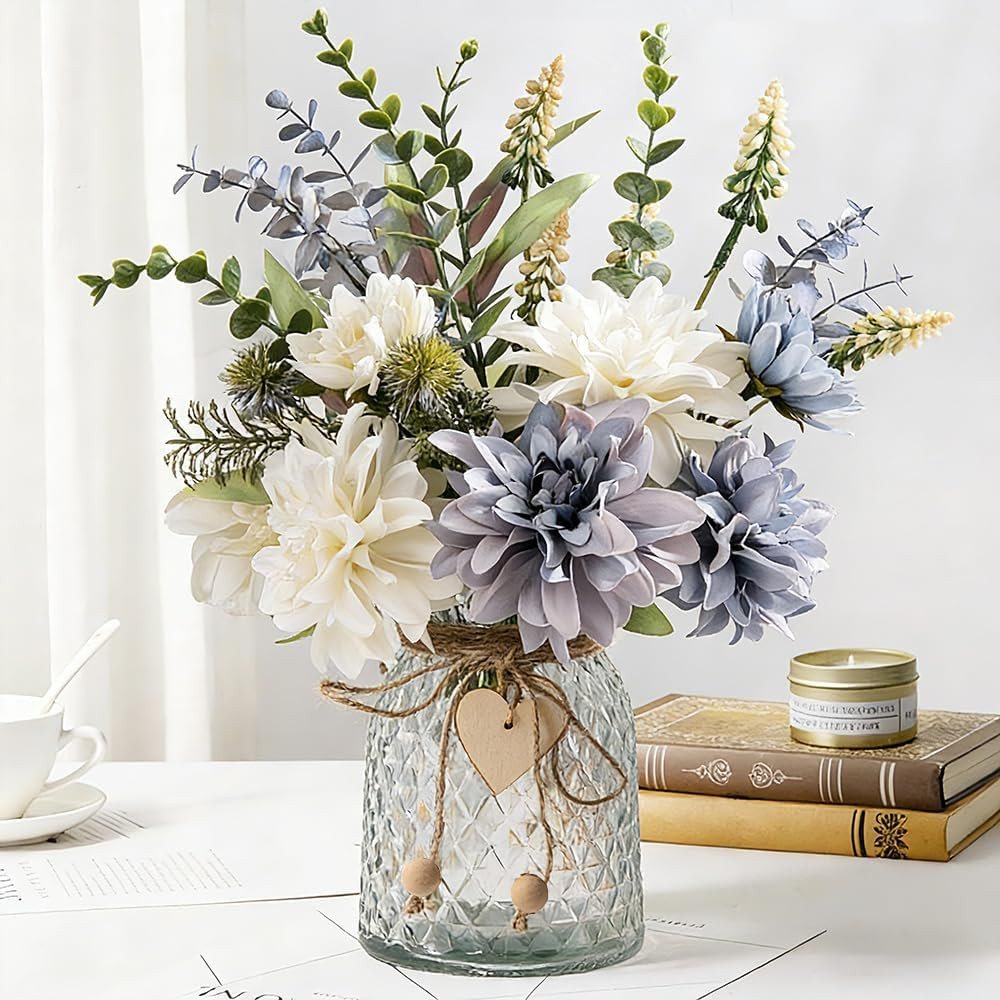 Elegant Silk Dahlia Flowers in Glass Vase – Perfect Table Centerpiece
