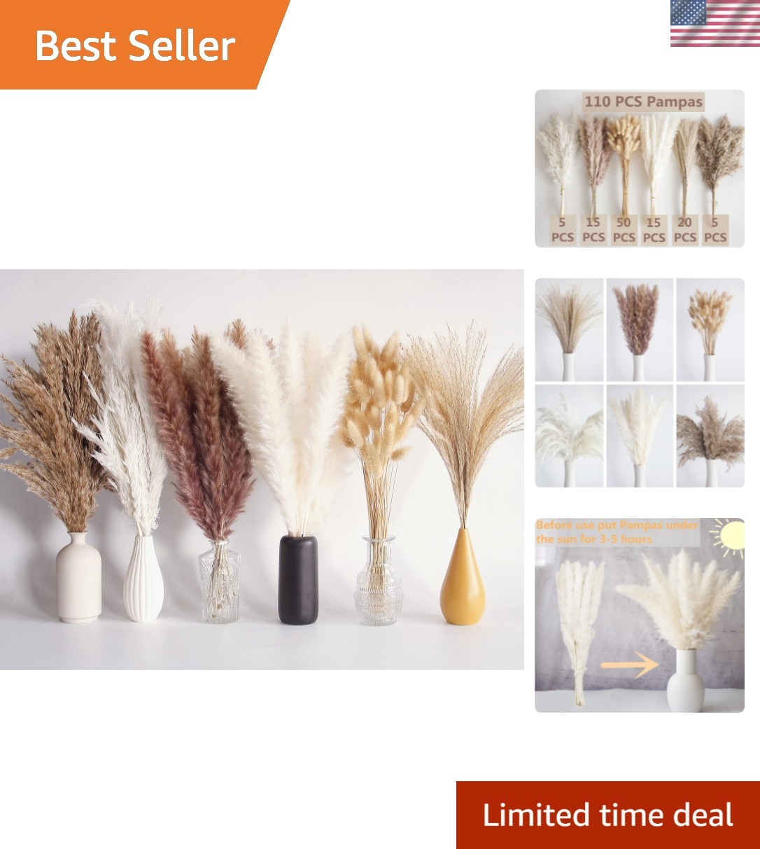 110 PCS Dried Pampas Grass Bouquet, Boho Table Decor, Bunny Tails Dried Flowe…