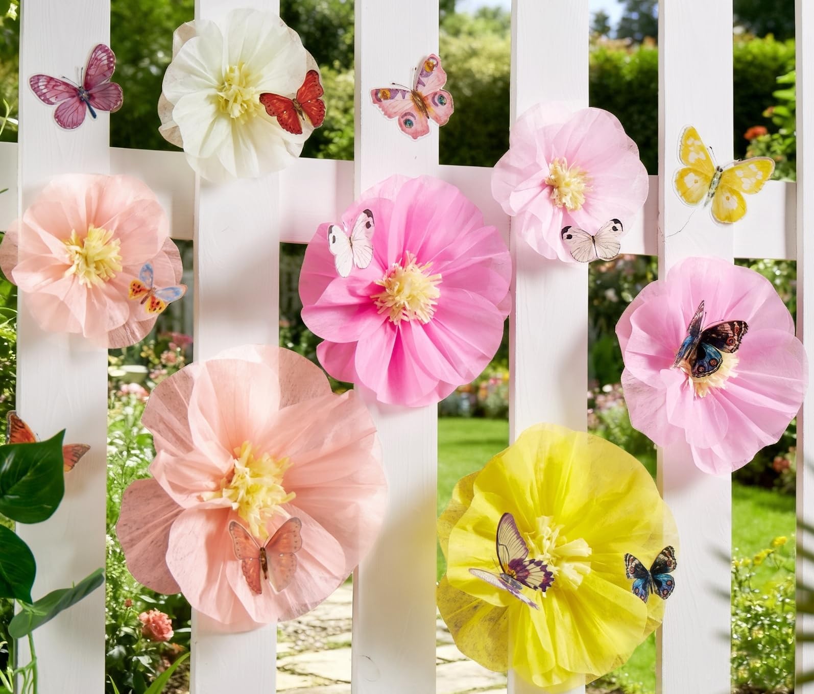 Large Paper Flower Decorations with 3D Butterfly Stickers Pink Yellow Giant T…