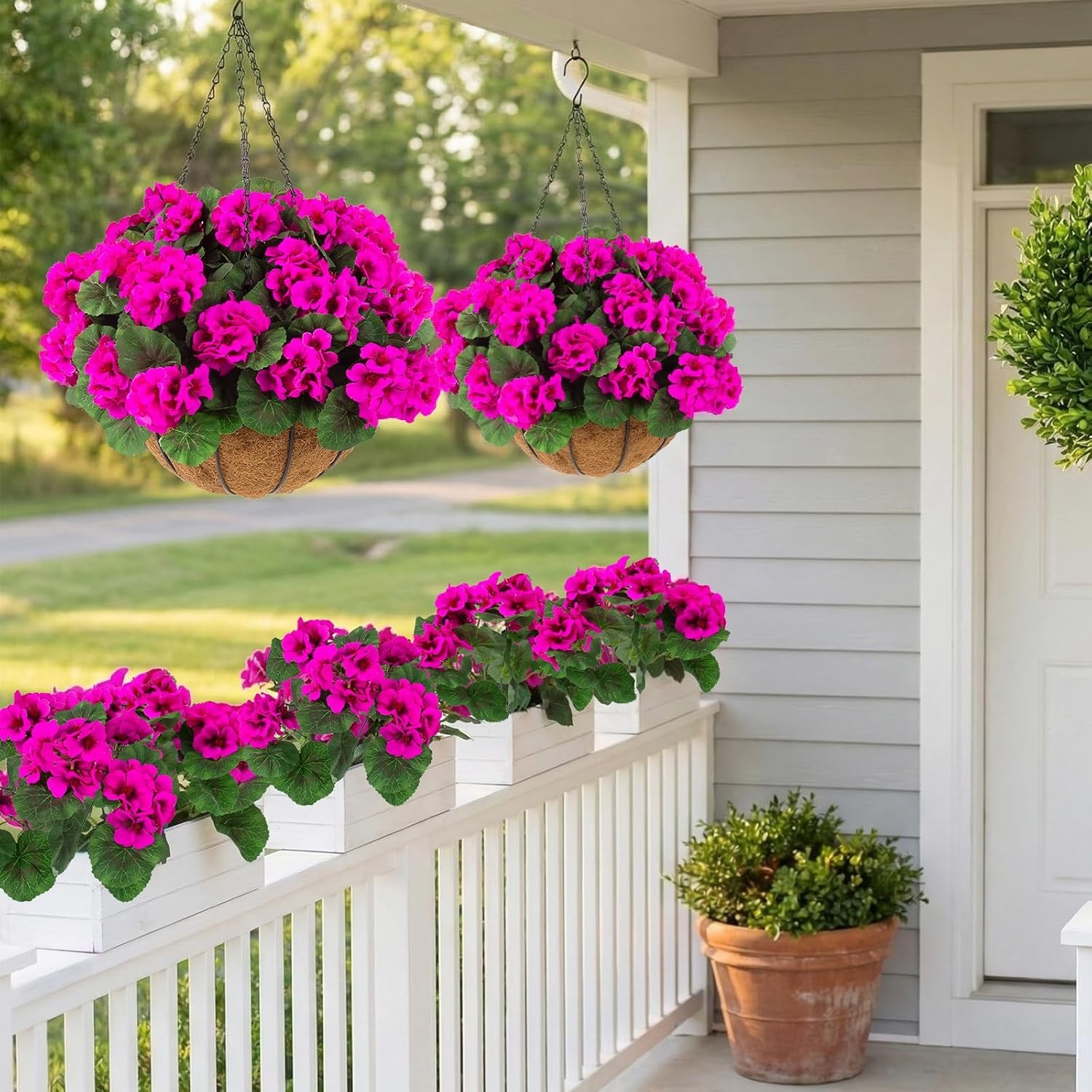 2 Set Artificial Outdoor Geraniums Flowers with Hanging Basket, 2 Hanging Plante