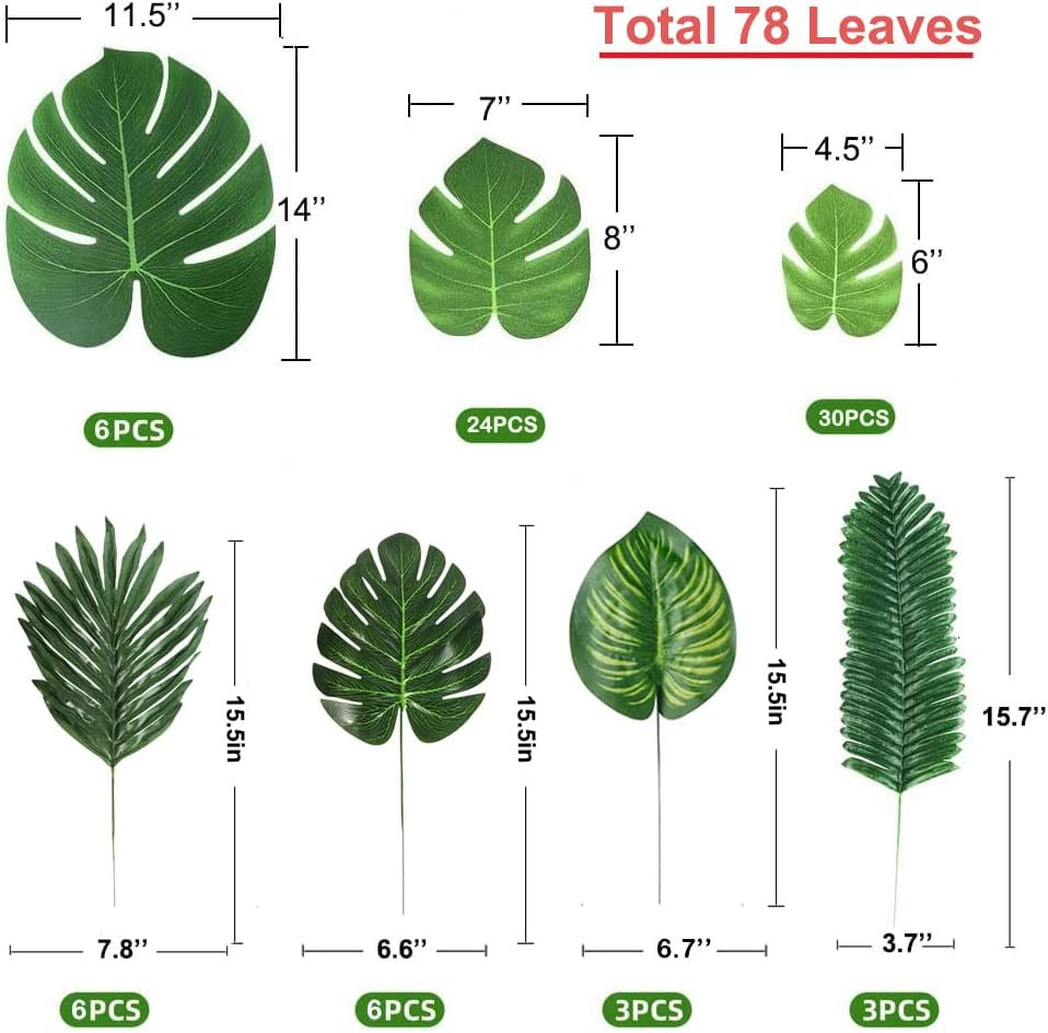 78 Pieces 7 Kinds Artificial Tropical Leaf Jungle Leaves Plant Safari Leaves Dec
