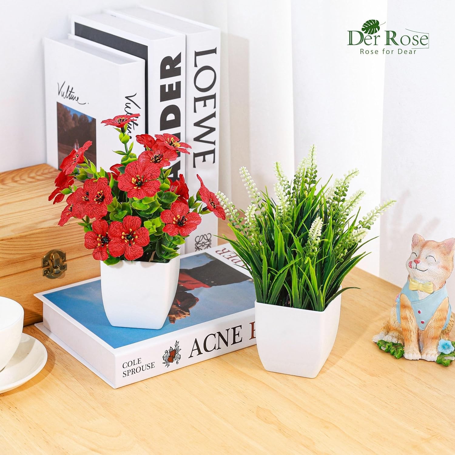 Fake Plants 4 Pack Small Artificial Flowers in White Pots for Desk Bathroom S…