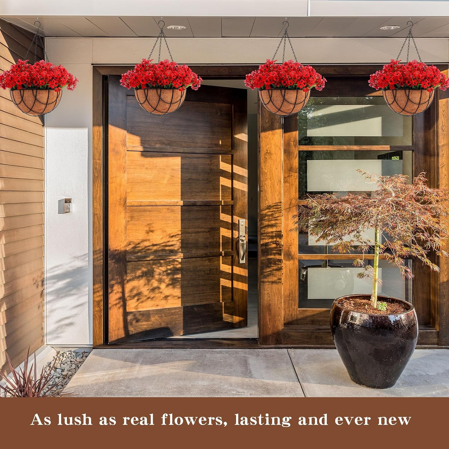 4 Pack Faux Orchid Hanging Flower Baskets for Outdoor Decor – Red